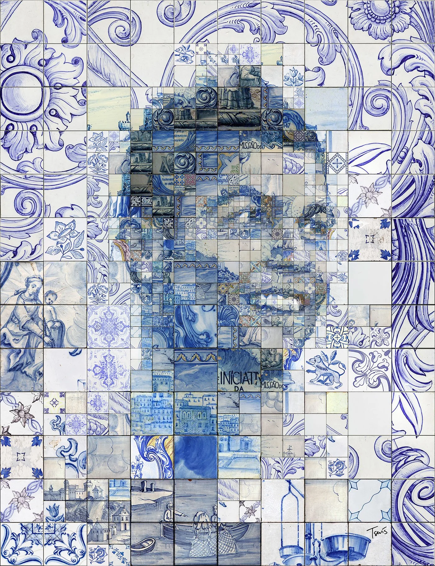 Ronaldo portrait. Hand-painted tile aesthetic. Mix of Arab pattern, Italian craftsmanship, and Greek mosaic origins.