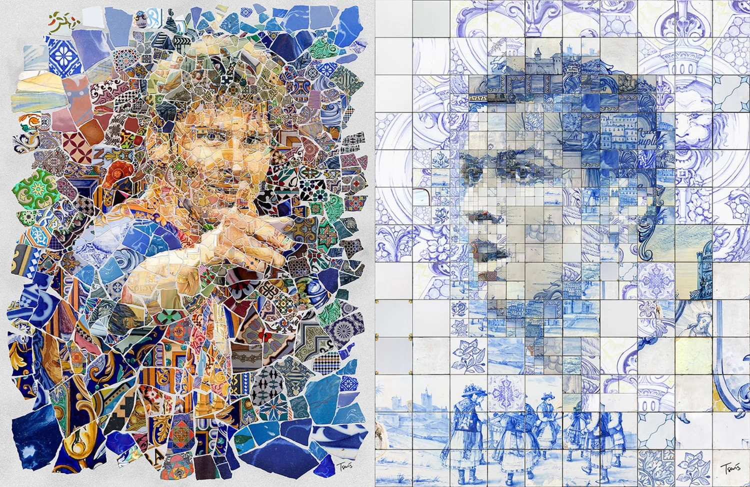 The image showcases two distinct mosaic portraits: one of Lionel Messi on the left, created in the vibrant and eclectic Trencadís style, and another of Cristiano Ronaldo on the right, crafted using the traditional Azulejos technique. The Messi mosaic is characterized by its irregular, fragmented tiles that blend various colors and patterns, reflecting the dynamic and artistic spirit of Barcelona's architectural heritage. In contrast, the Ronaldo mosaic employs a more structured grid of blue and white tiles, reminiscent of the ornate Portuguese tilework, with intricate designs and scenes woven into the composition. Together, these mosaics celebrate the cultural richness and visual storytelling inherent in sports art.