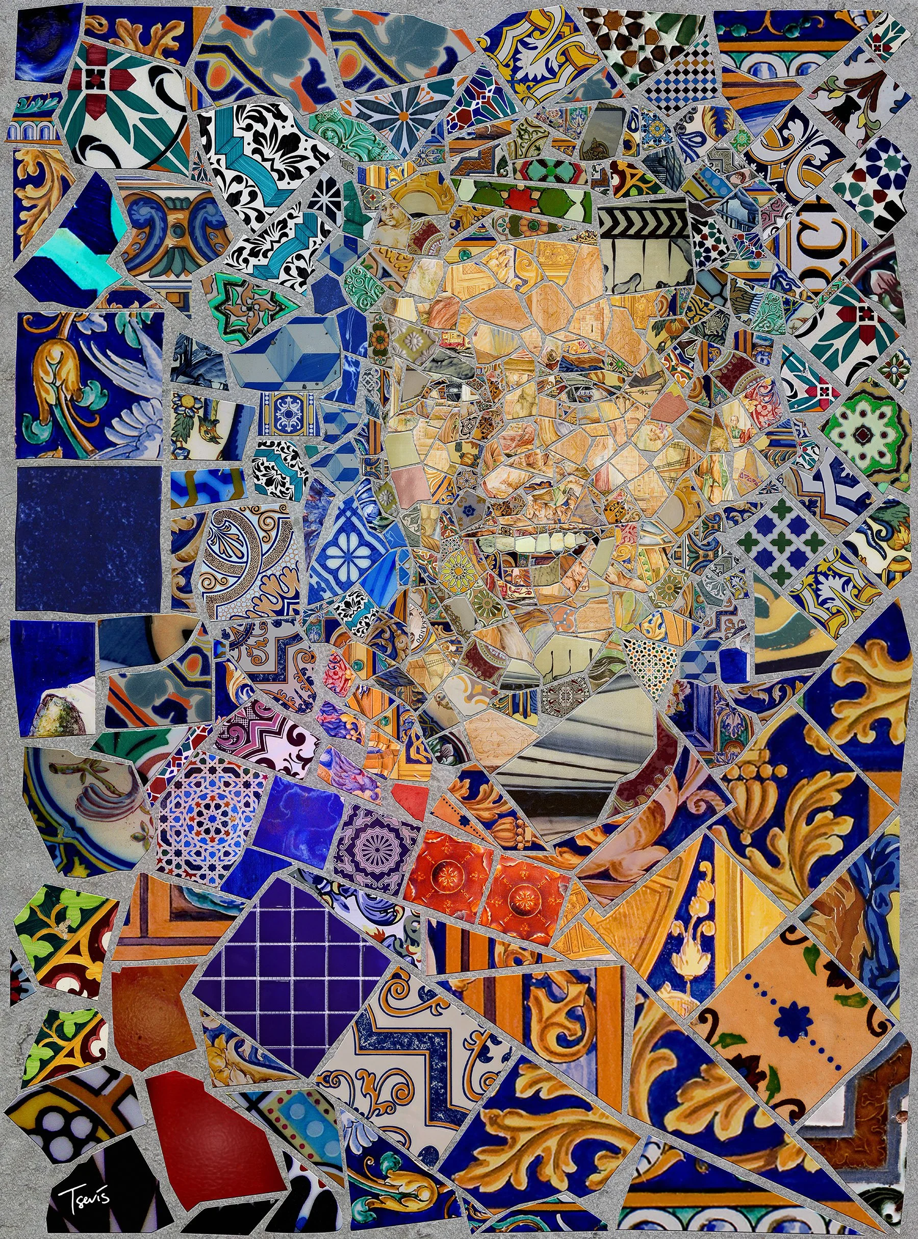 Messi composed mosaic – Catalan modernism palette. Broken tiles from across Iberian peninsula.