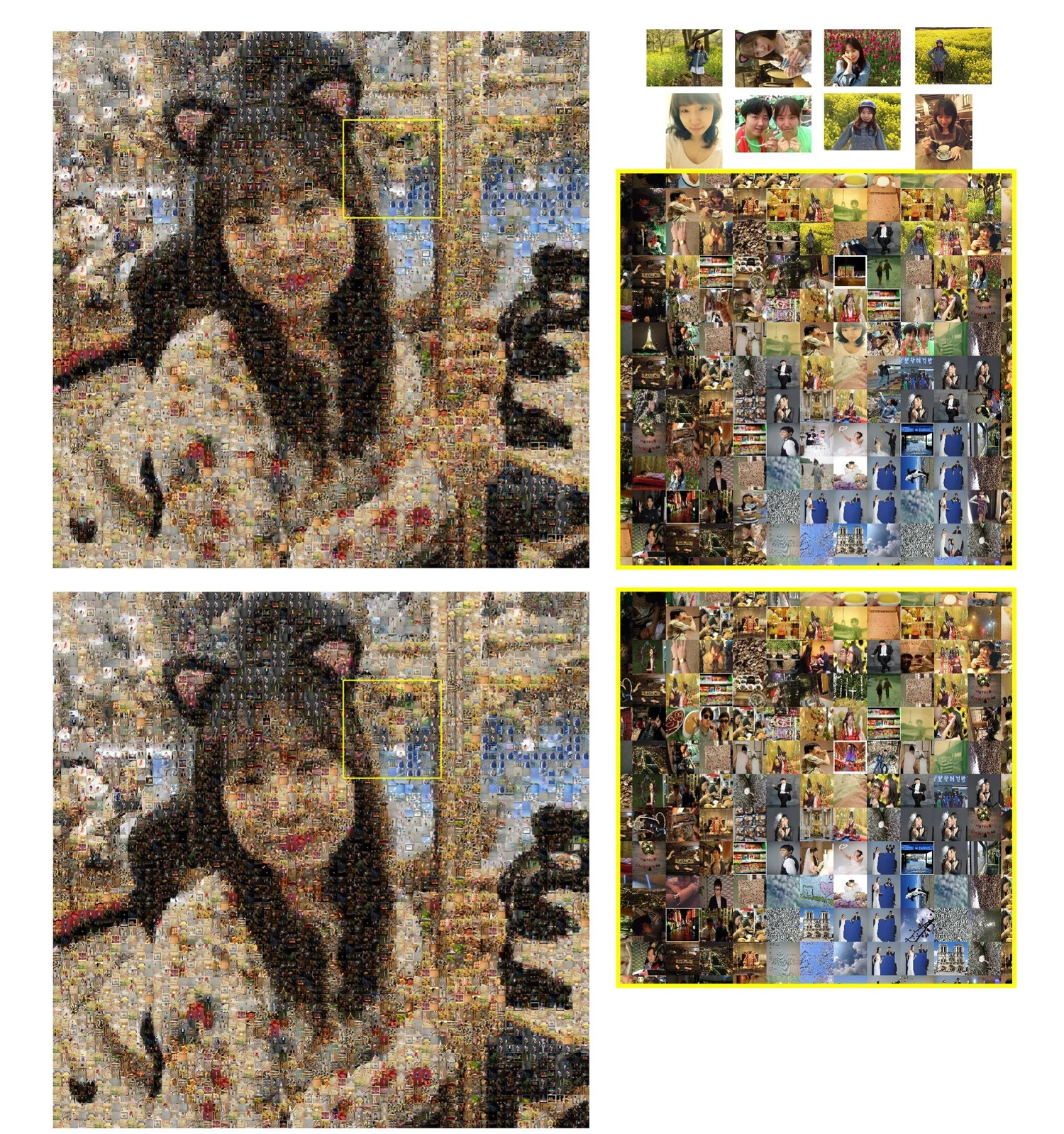 Two mosaic portraits of a young woman with enlarged details of the tile photographs