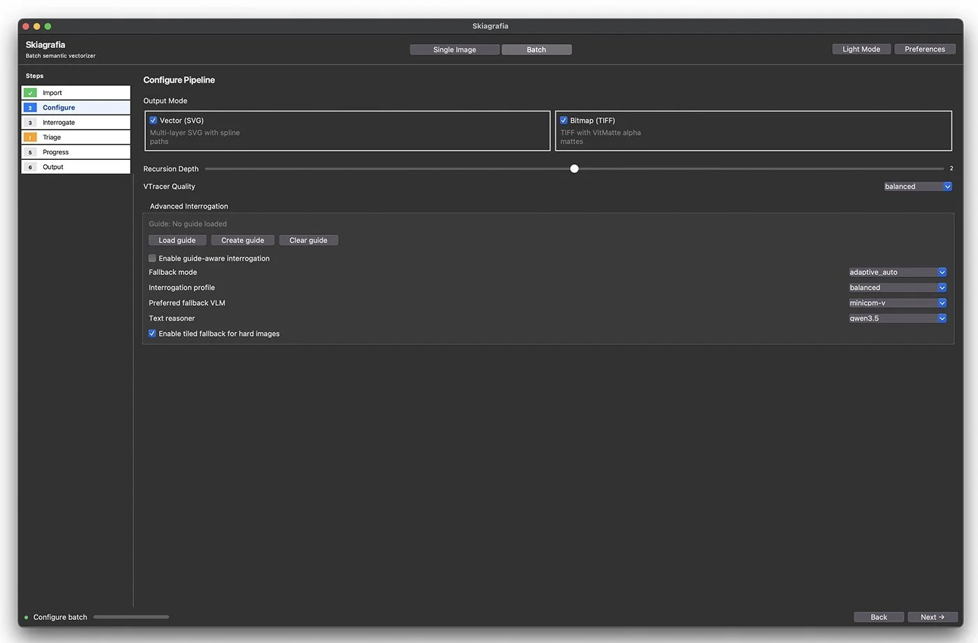 Step 2 of the Skiagrafia batch wizard: Configure Pipeline output options