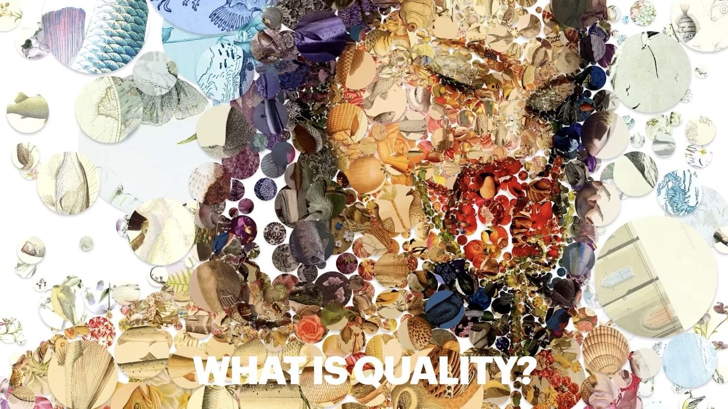 A mosaic portrait of a face with closed eyes, made of seashells, porcelain fragments and coloured discs scattered over a white background, with the question “What is quality?”.