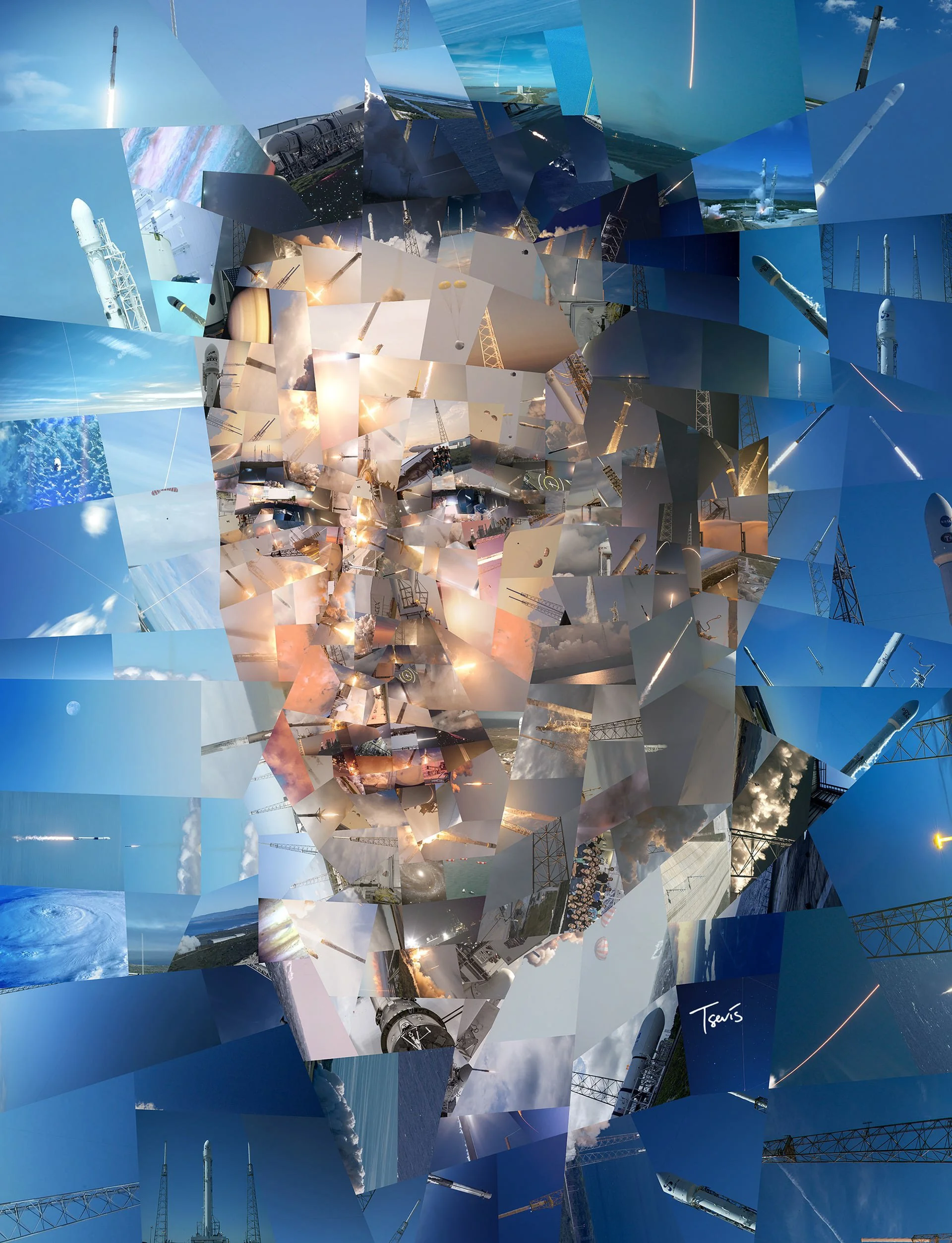 Elon Musk mosaic, SpaceX imagery as tesserae.