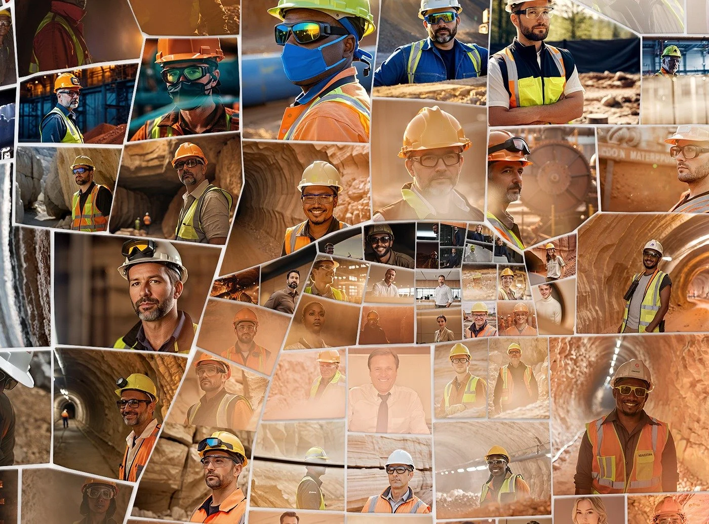 Close-up detail of a Lhoist photomosaic portrait showing the employee photos used as tiles