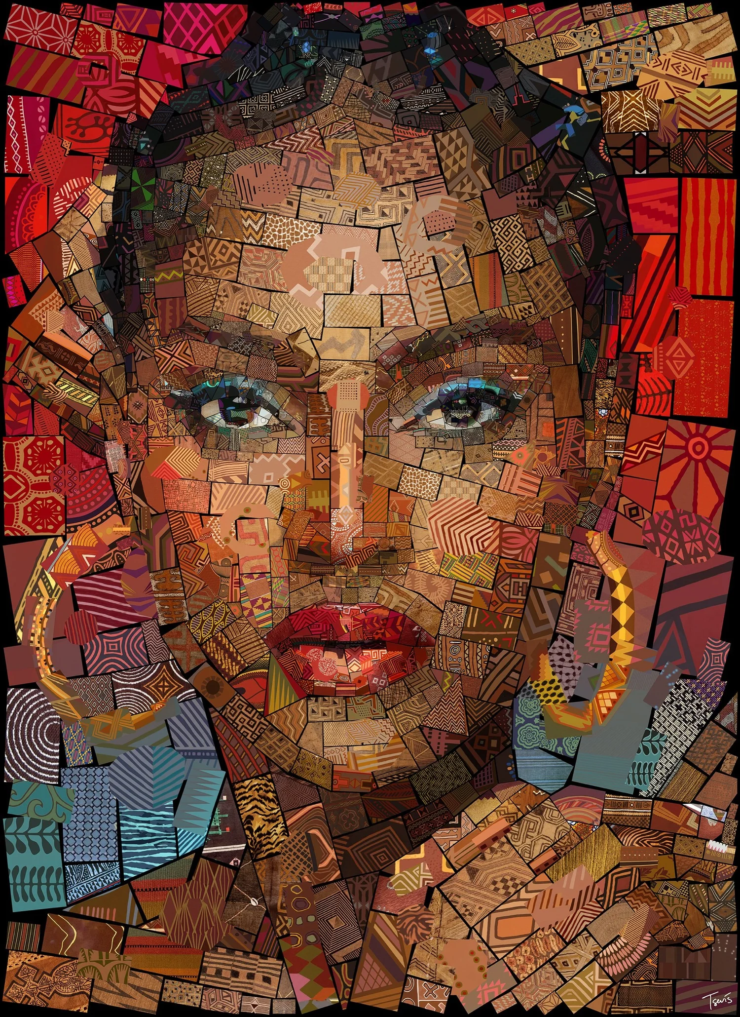 Digital mosaic portrait of a woman with red lips and gold hoop earrings, built from small African-pattern tiles in warm reds