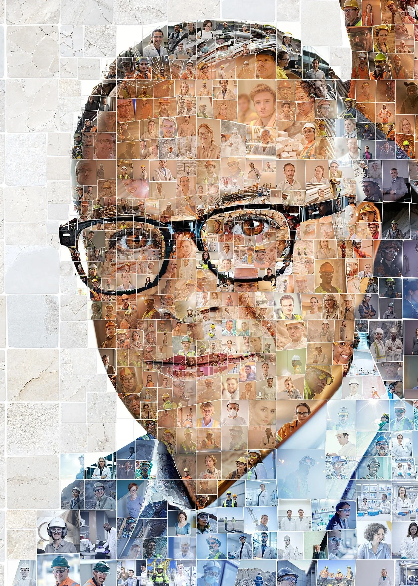 Mosaic portrait of a senior man with dark-framed glasses