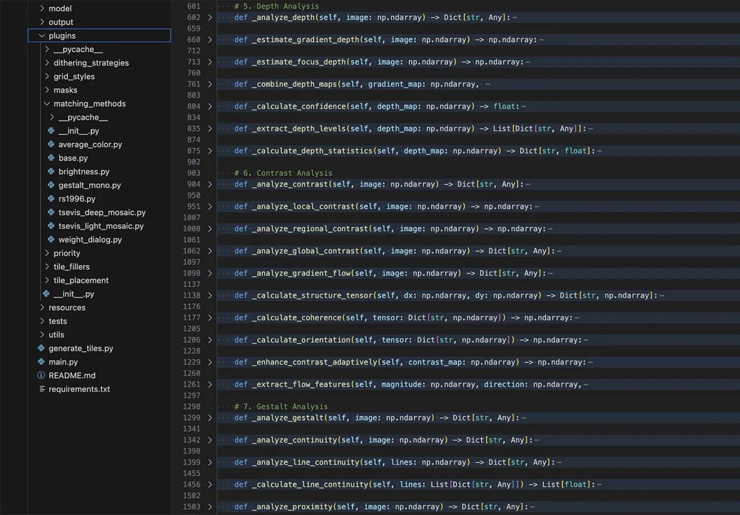 A screenshot of a code editor displaying Python code for the GestaltMono algorithm, part of the Mozaix project. The file structure on the left shows various directories and files related to matching algorithms, including gestalt_mono.py, rs1996.py, and others. The main code section on the right includes functions such as _analyze_depth, _estimate_gradient_depth, analyze_gestalt, and more, which are designed to evaluate visual perception principles like contrast, depth, and line continuity.
