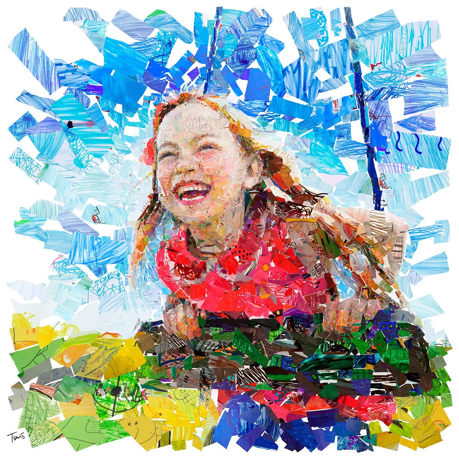 A laughing child on a swing, built from thousands of children's drawings