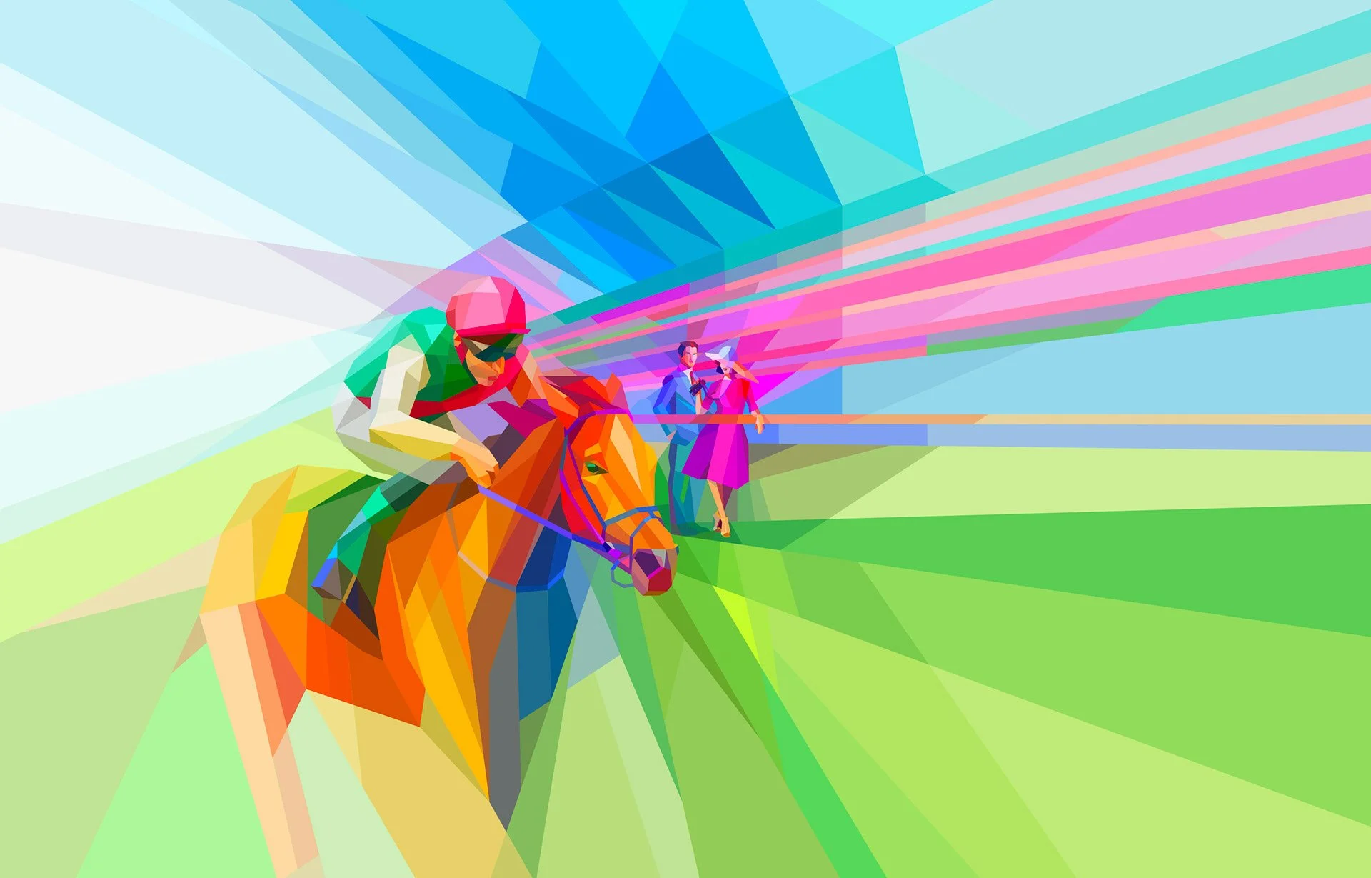 Ascot racehorse neofuturistic artwork, dynamic geometric shapes, jockey and horse in motion