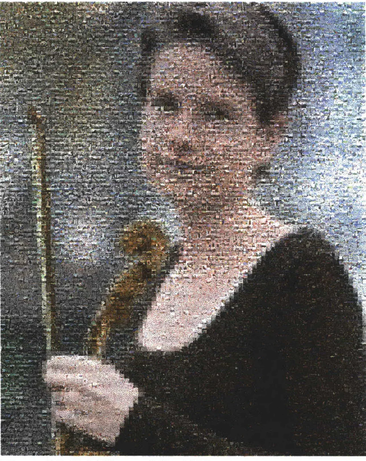 Mosaic portrait of a smiling young woman holding a violin, made of small photographs