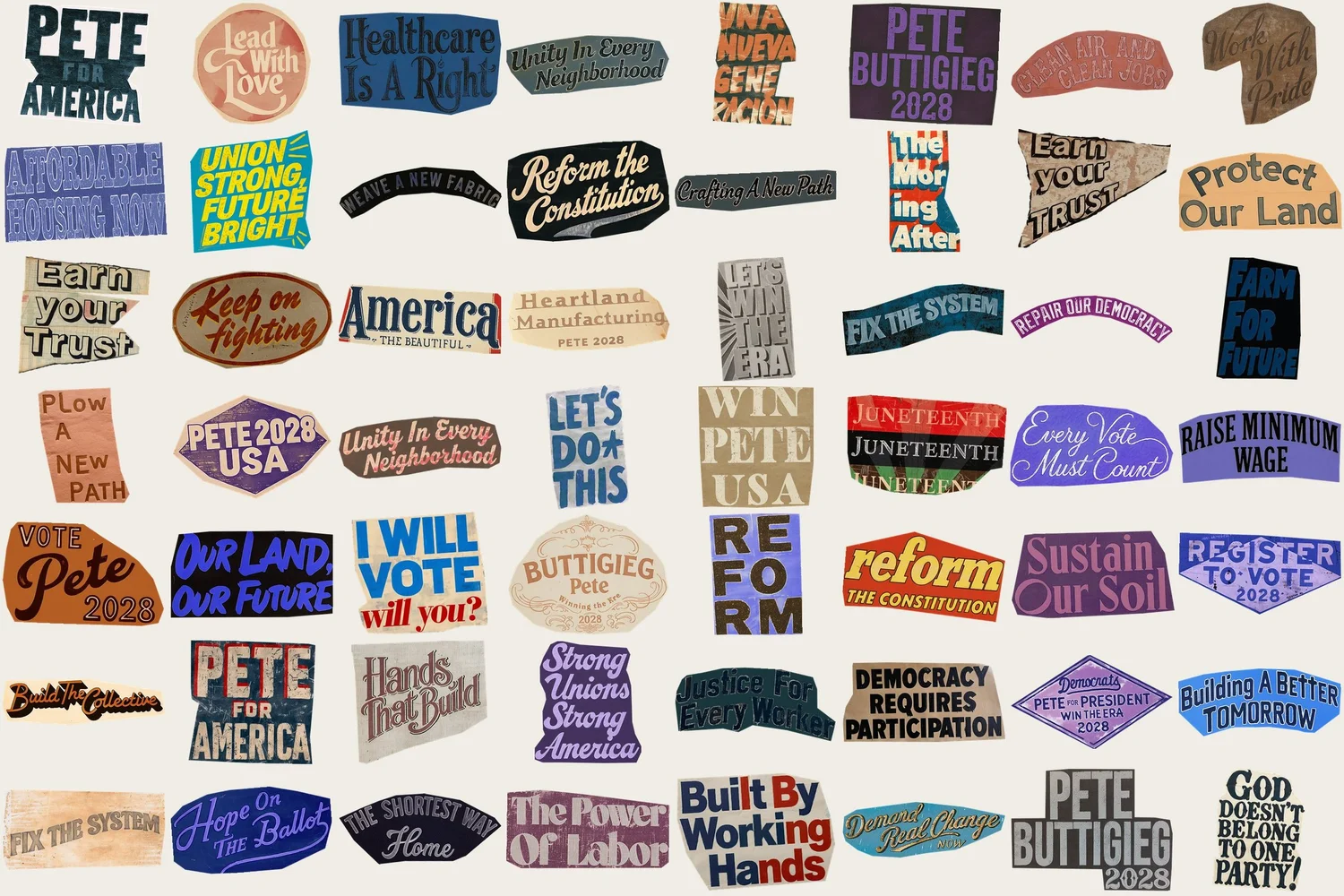 Plate of multi-word pieces: Healthcare Is a Right, Unity in Every Neighborhood, Fix the System, Every Vote Must Count, God Doesn't Belong to One Party.