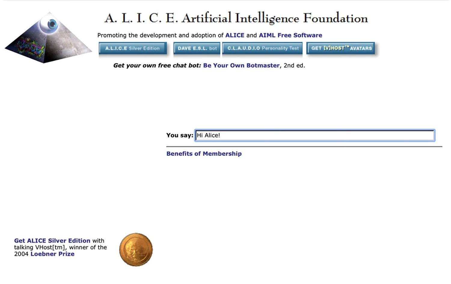 Screenshot of the A.L.I.C.E. chatbot website from early 2000s showing the AIML interface that sparked my early AI journey - historic example of rule-based AI systems that influenced modern digital mosaic algorithms and creative AI approaches