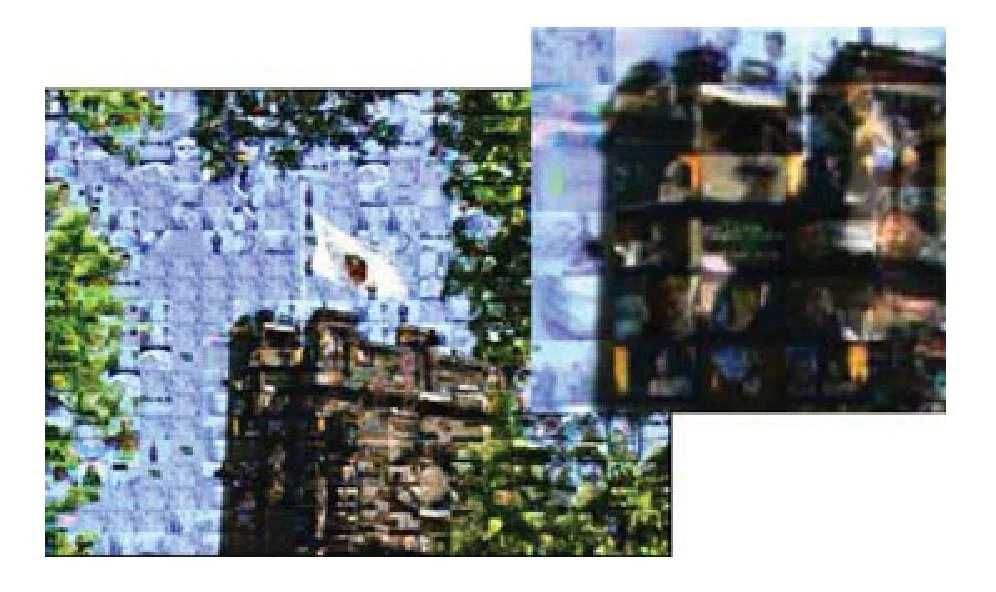 Video mosaic frame of a stone tower and flag built from small video clips, with an enlarged detail