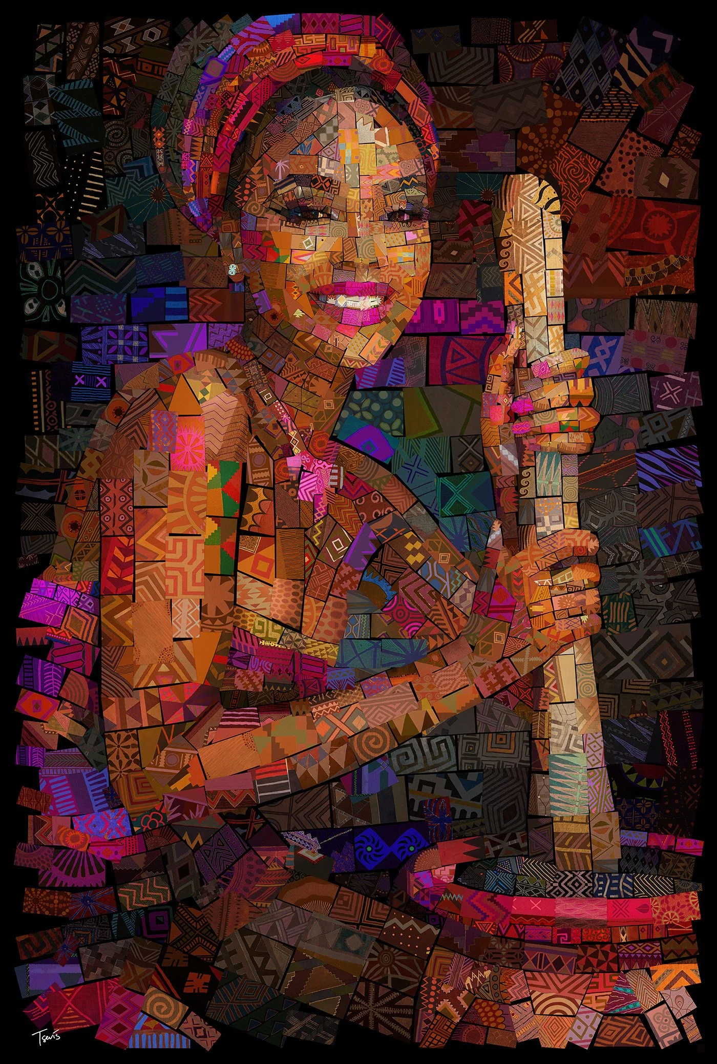 Portrait of a woman with a mortar and pestle in a mosaic of textile patterns