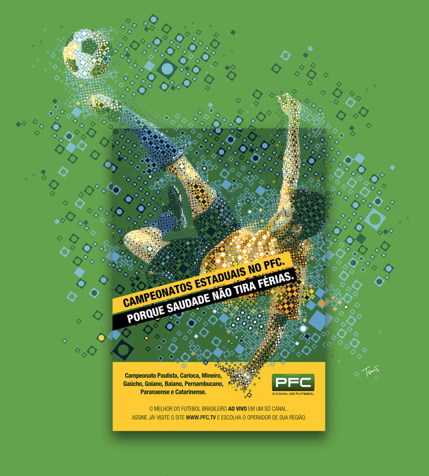 A vibrant mosaic illustration of a soccer player in action, created using colors and shapes inspired by the Brazilian flag.