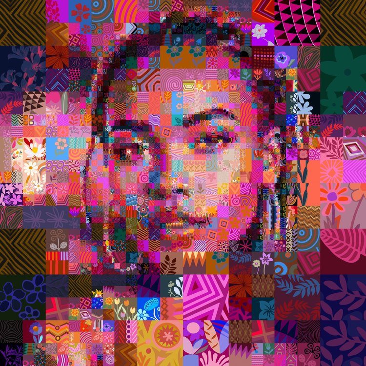Mosaic portrait of a woman built from illustrated tiles by the Mozaix Enhanced BK Edge Priority matcher