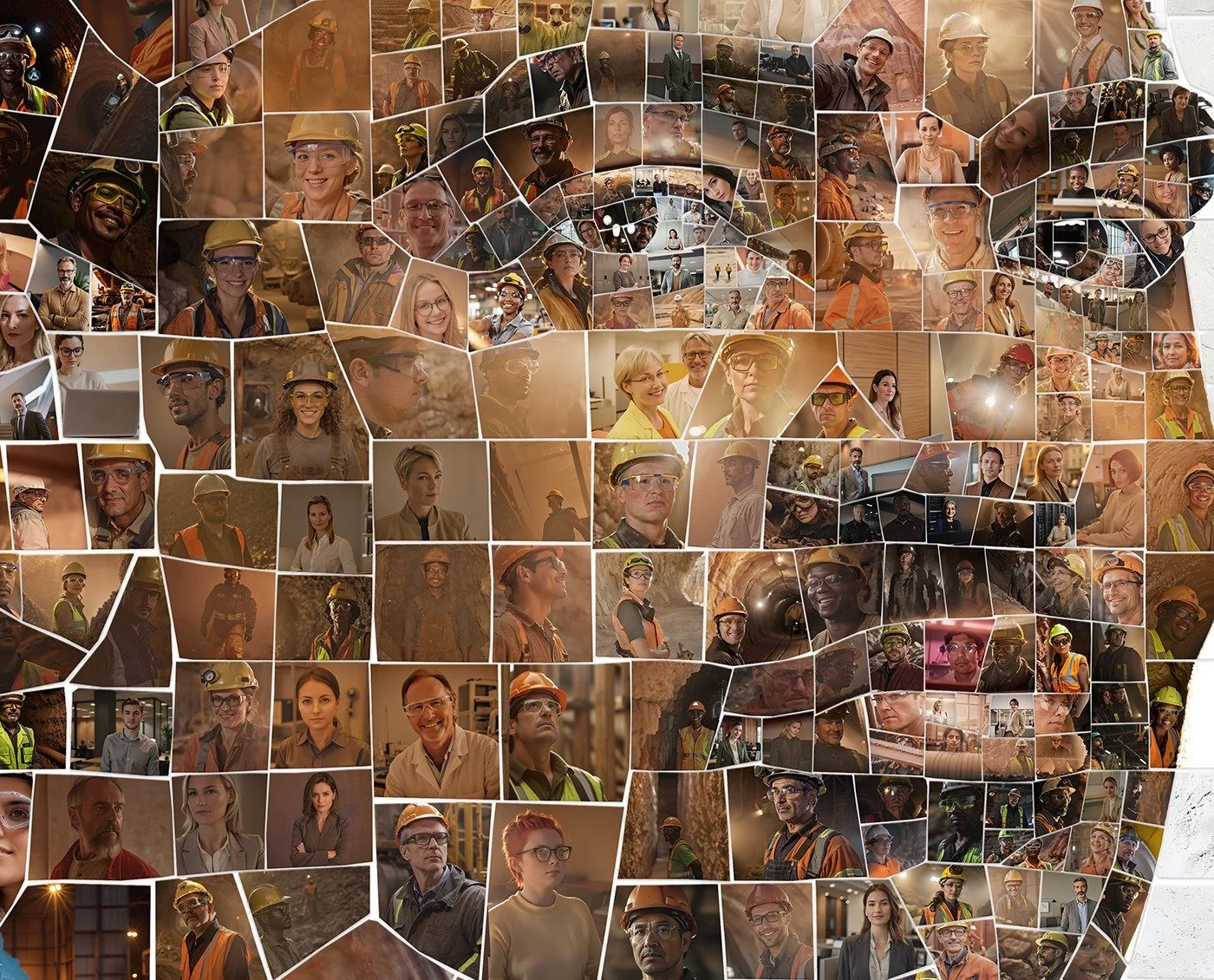 Close-up detail of a Lhoist photomosaic portrait showing the employee photos used as tiles