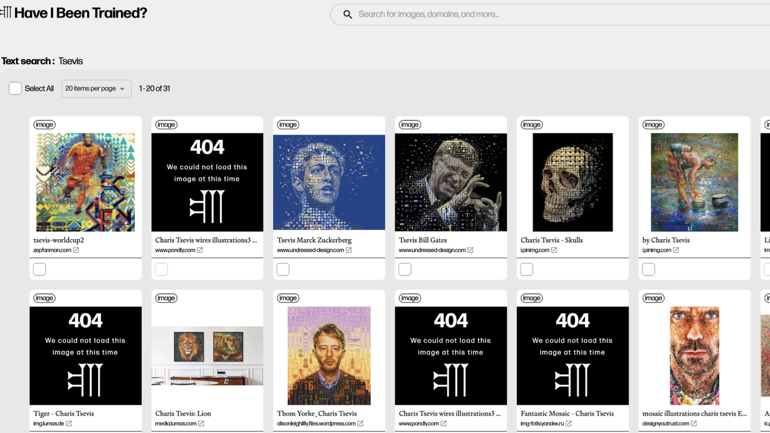 Have I Been Trained website search results showing Charis Tsevis digital mosaic artworks found in AI training datasets