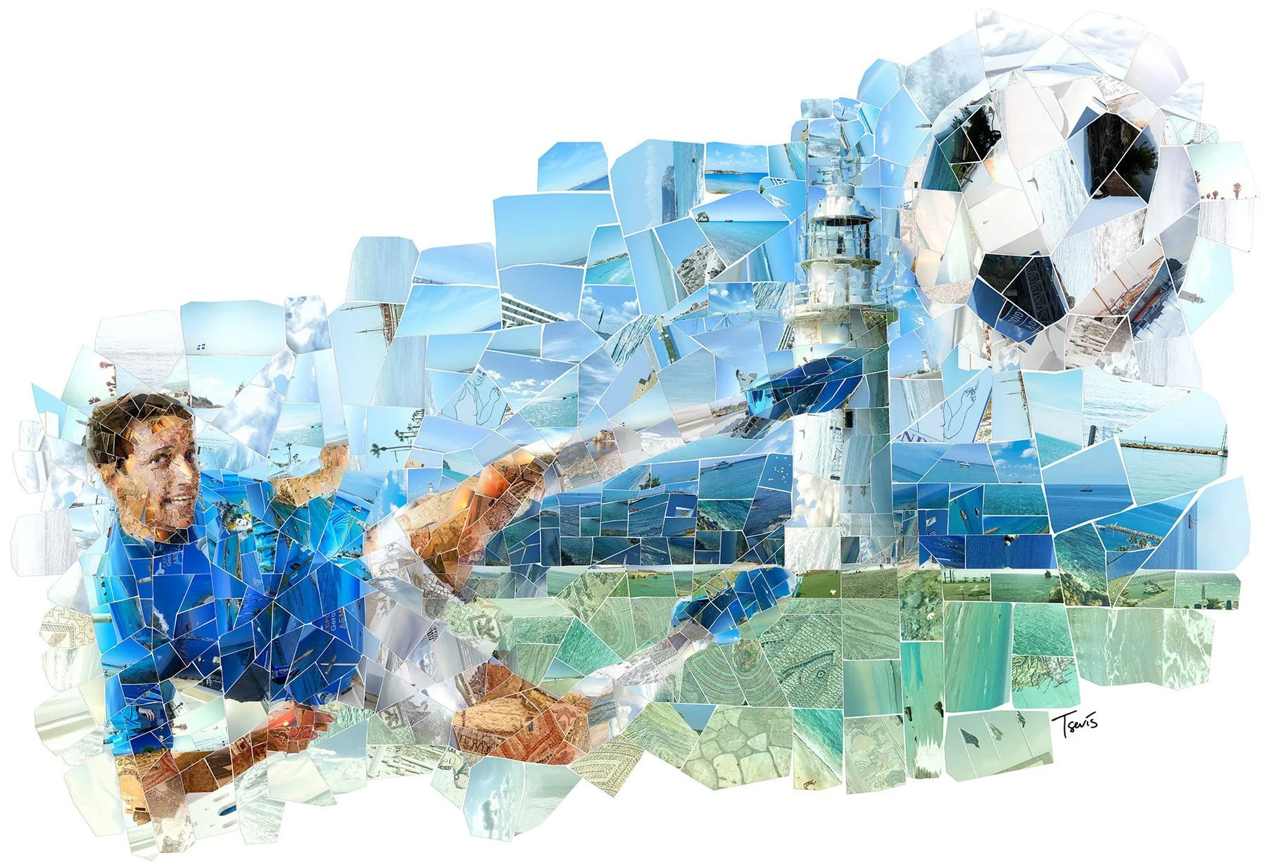 Player mosaic with white lighthouse. Digital photomosaic