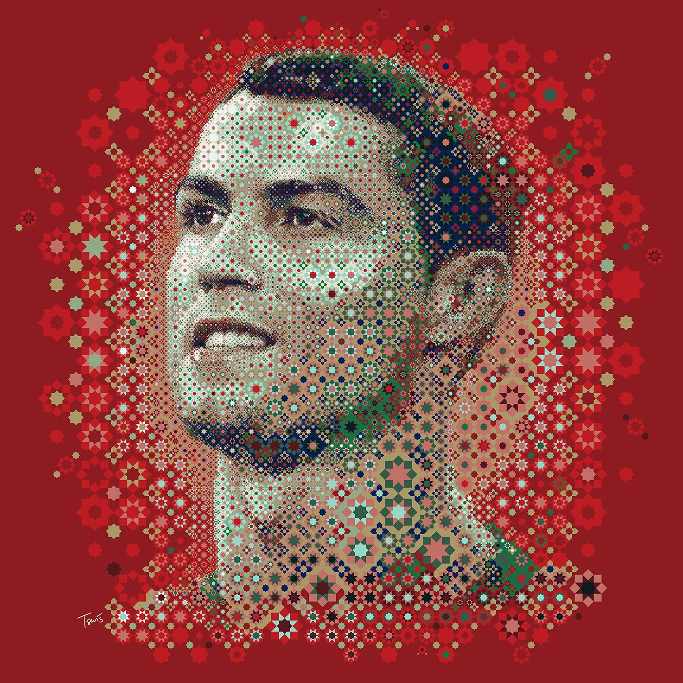 Mosaic of Cristiano Ronaldo, featuring detailed Arabesque patterns and Portugal’s national colors, exemplifying the harmony of sport and Islamic art.