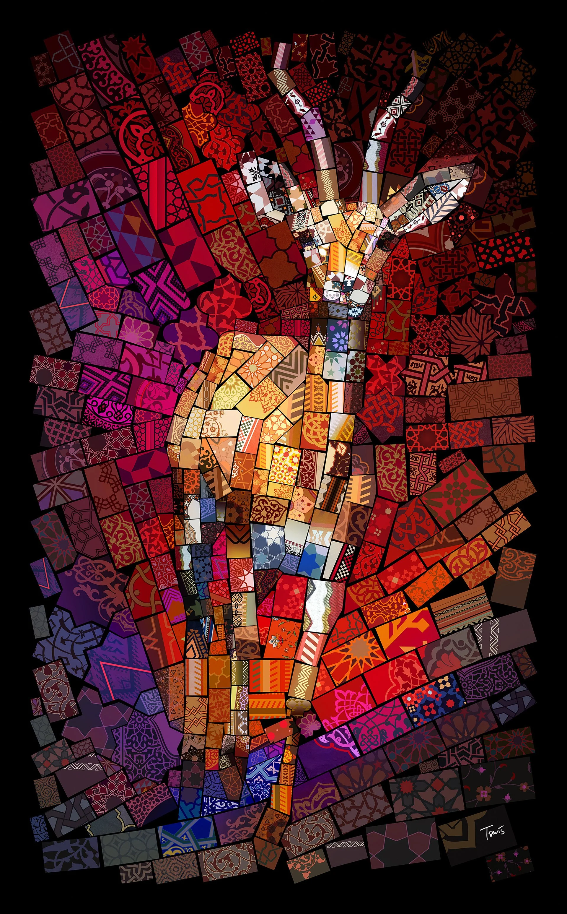 Antelope in Oriental designs pieces, digital mural