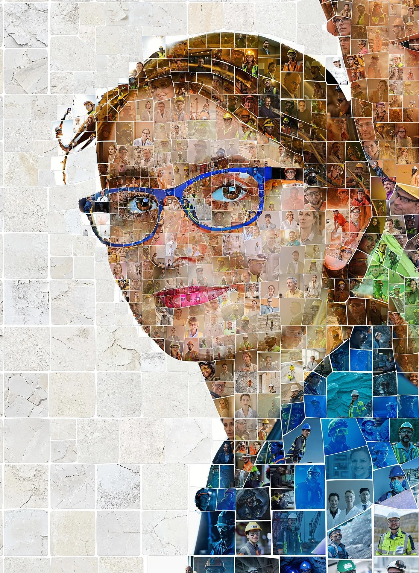 Mosaic portrait of a young woman with blue glasses