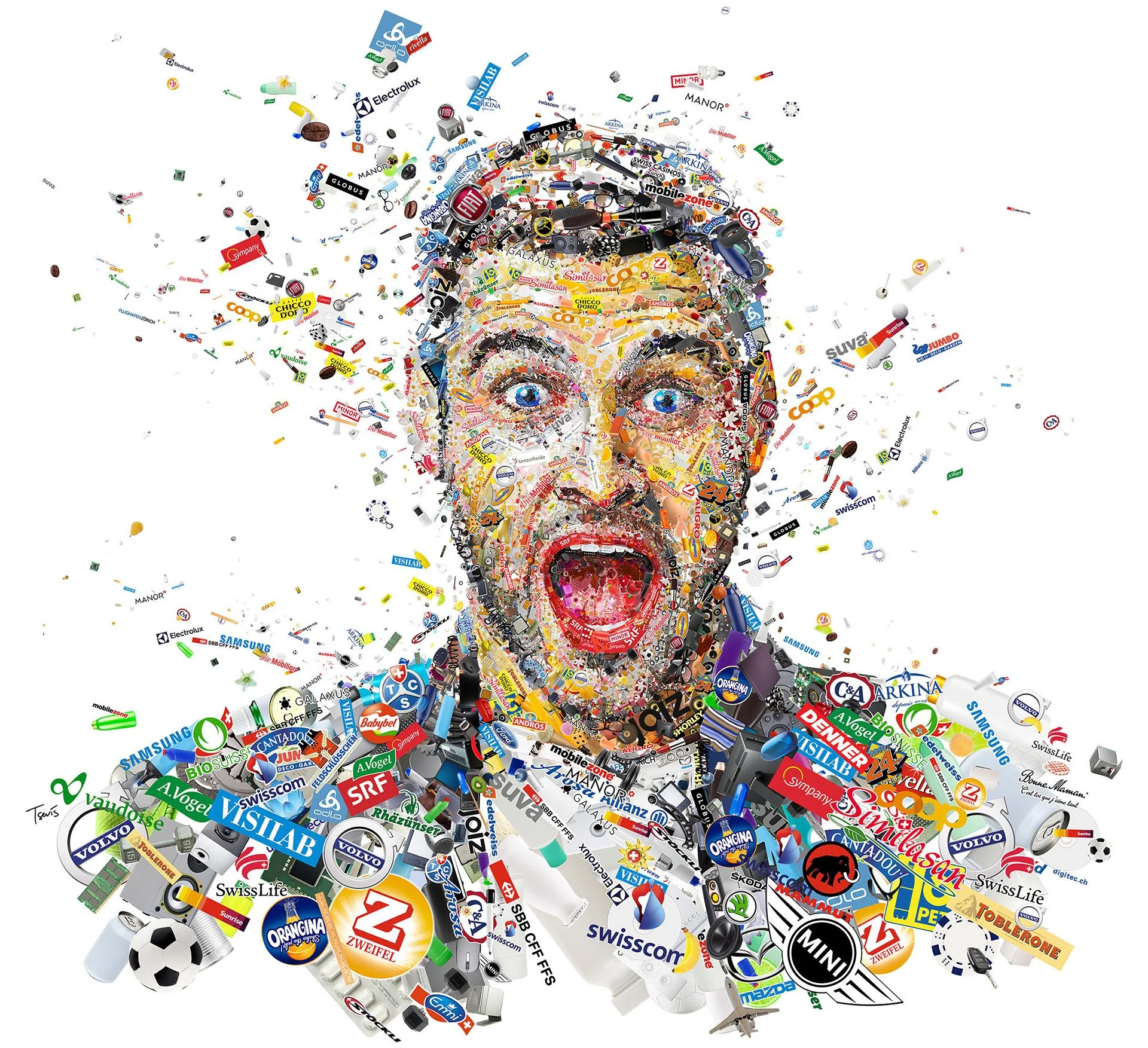 Mosaic portrait by logos. Multicolored brand marks as tiles. "Where brands meet people" campaign.