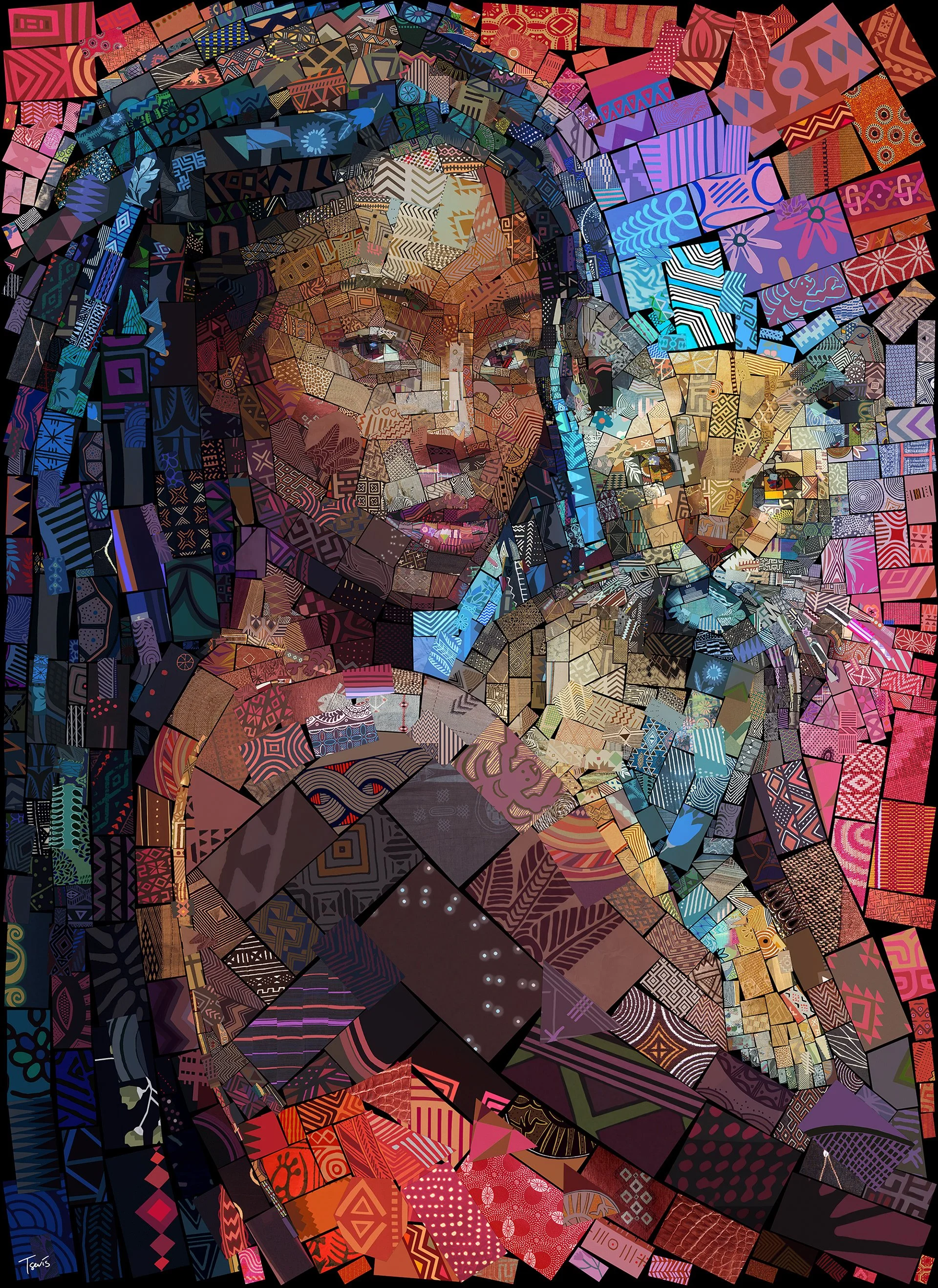 Mixed race beautiful woman with a baby lion, African patterns in a collage picture, contemporary mosaic