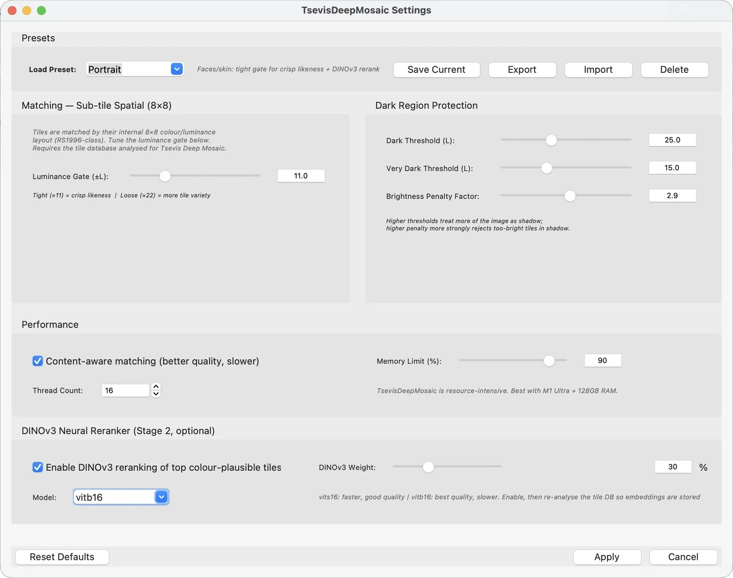 Settings window for tile matching with a Portrait preset, luminance gate, dark region protection, performance options and a neural reranker section