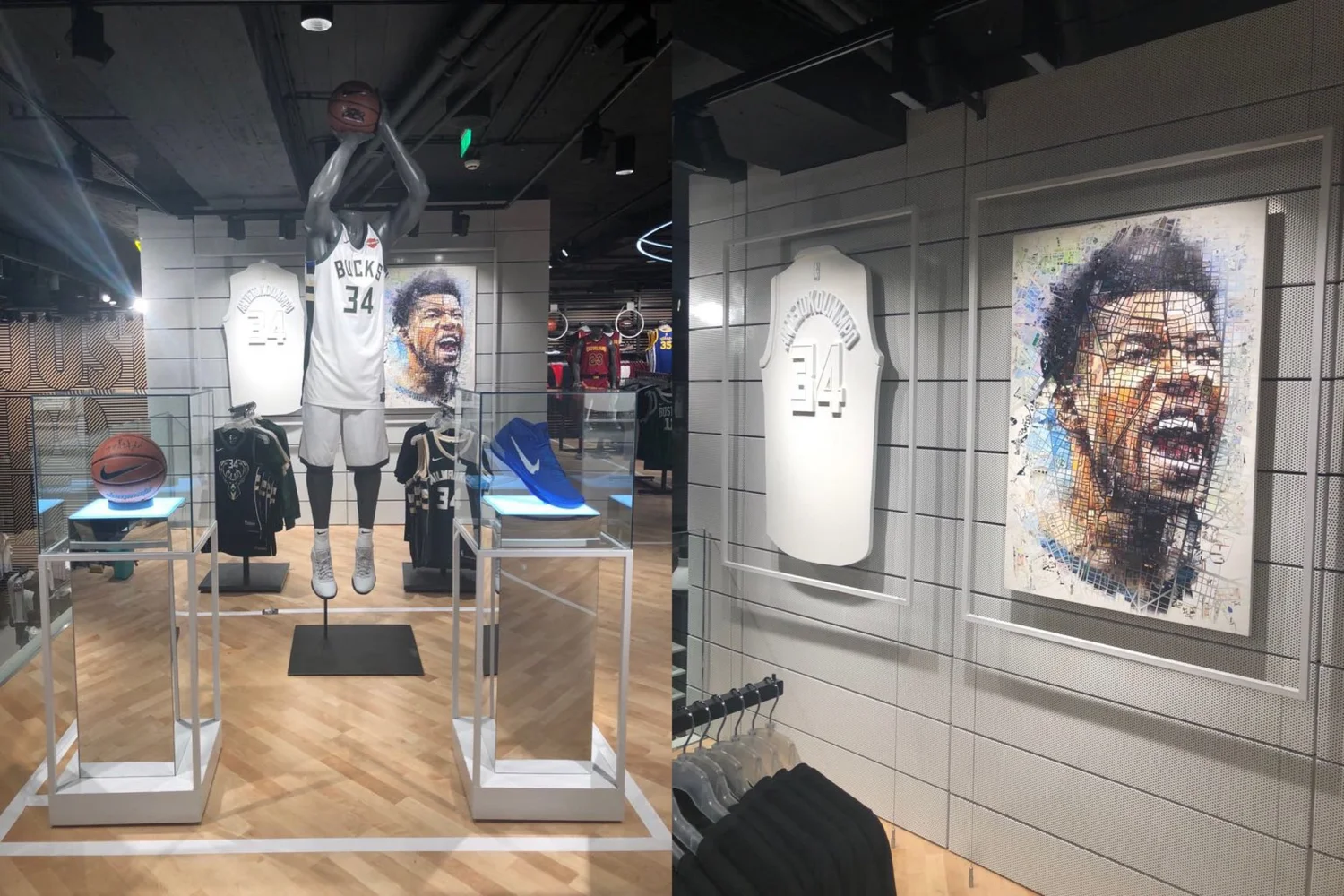 A Nike store display featuring a mannequin in a Milwaukee Bucks uniform alongside a mosaic portrait of Giannis Antetokounmpo.