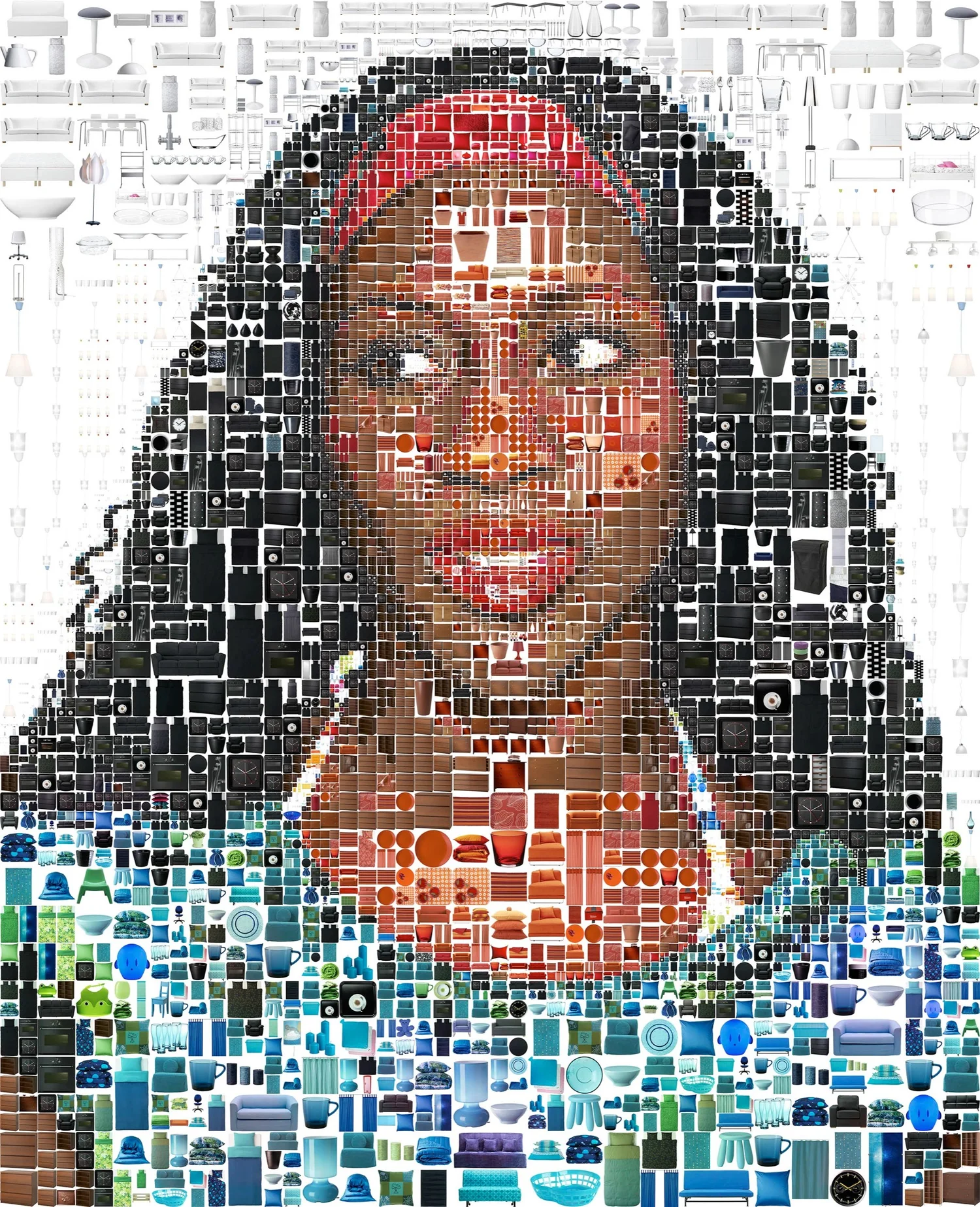 Photo mosaic portrait of a woman with a red headband made from photographs of IKEA products of varying sizes