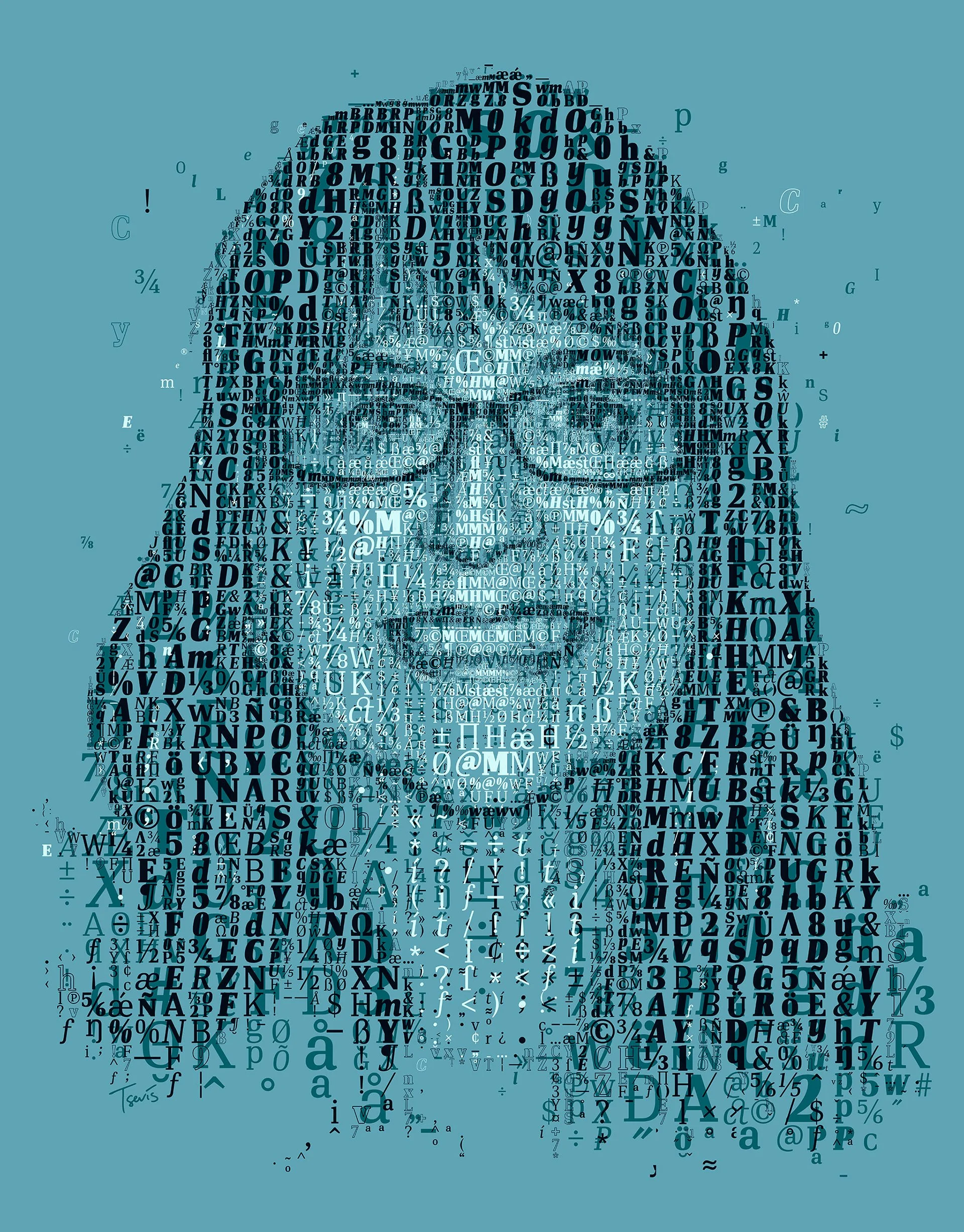 Typographic portrait of Mary Higgins. Her face formed entirely from Typographic characters, commissioned by Emerson College’s Expression magazine for her 22‑year legacy in Government and Community Relations.
