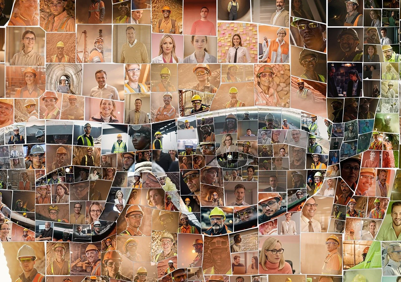 Close-up detail of a Lhoist photomosaic portrait showing the employee photos used as tiles