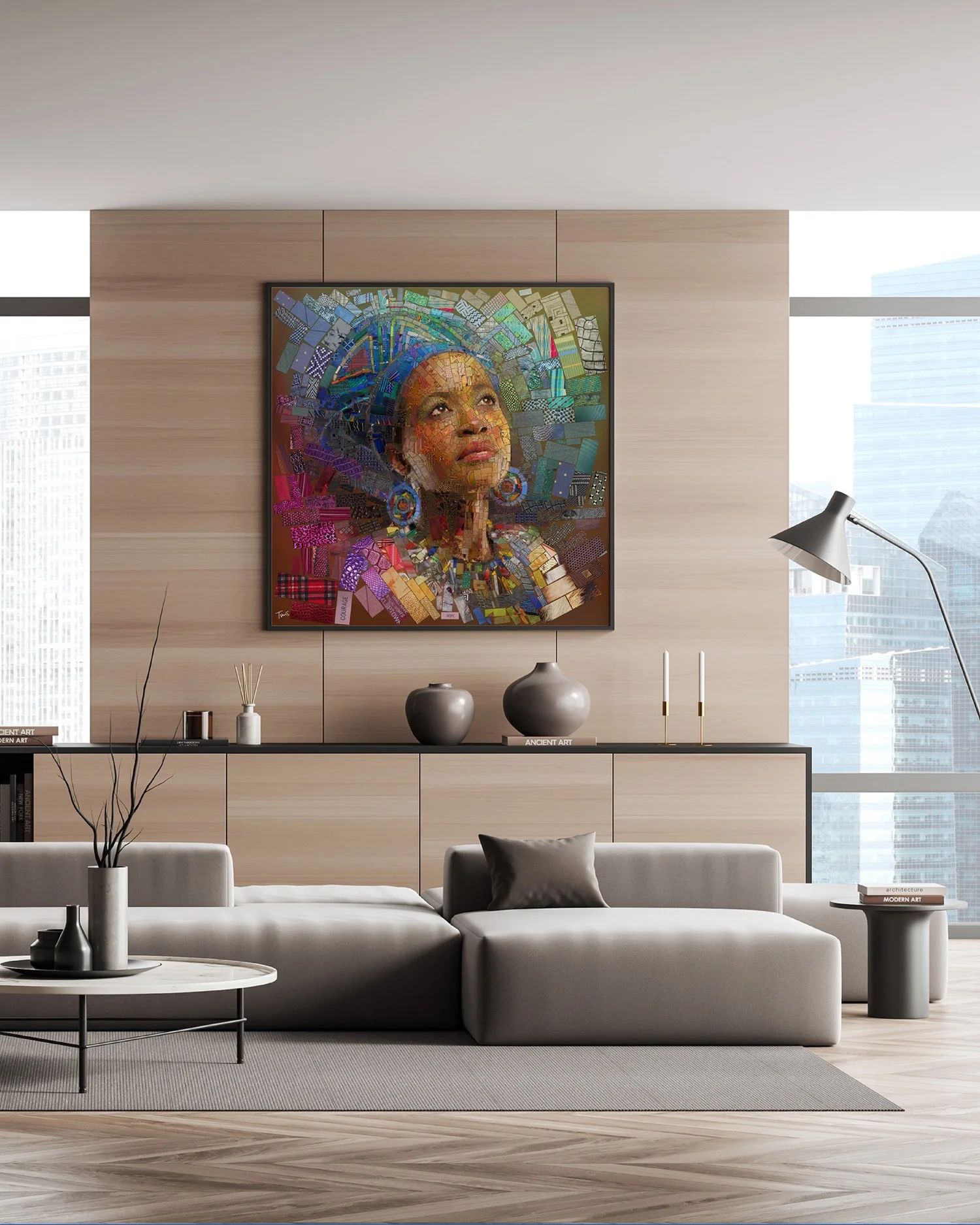 Living room with a framed mosaic portrait of a woman in a blue headwrap above a wooden sideboard and grey sofa