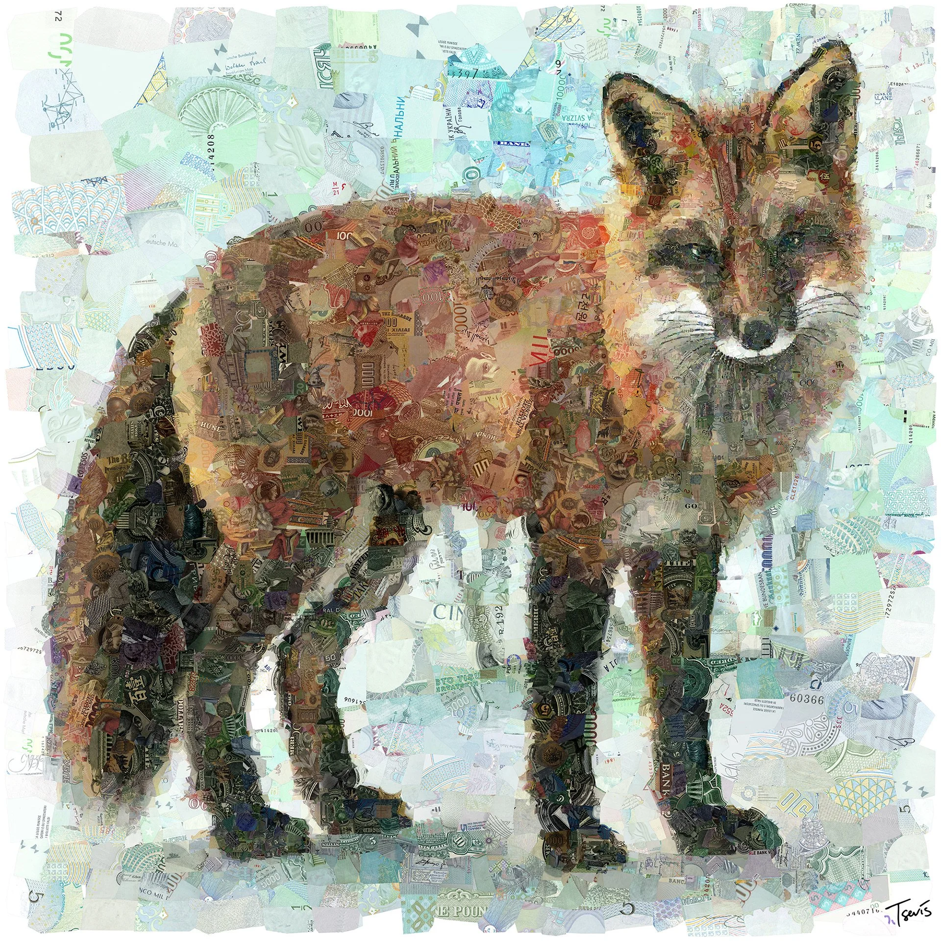 Fox mosaic from banknote strips