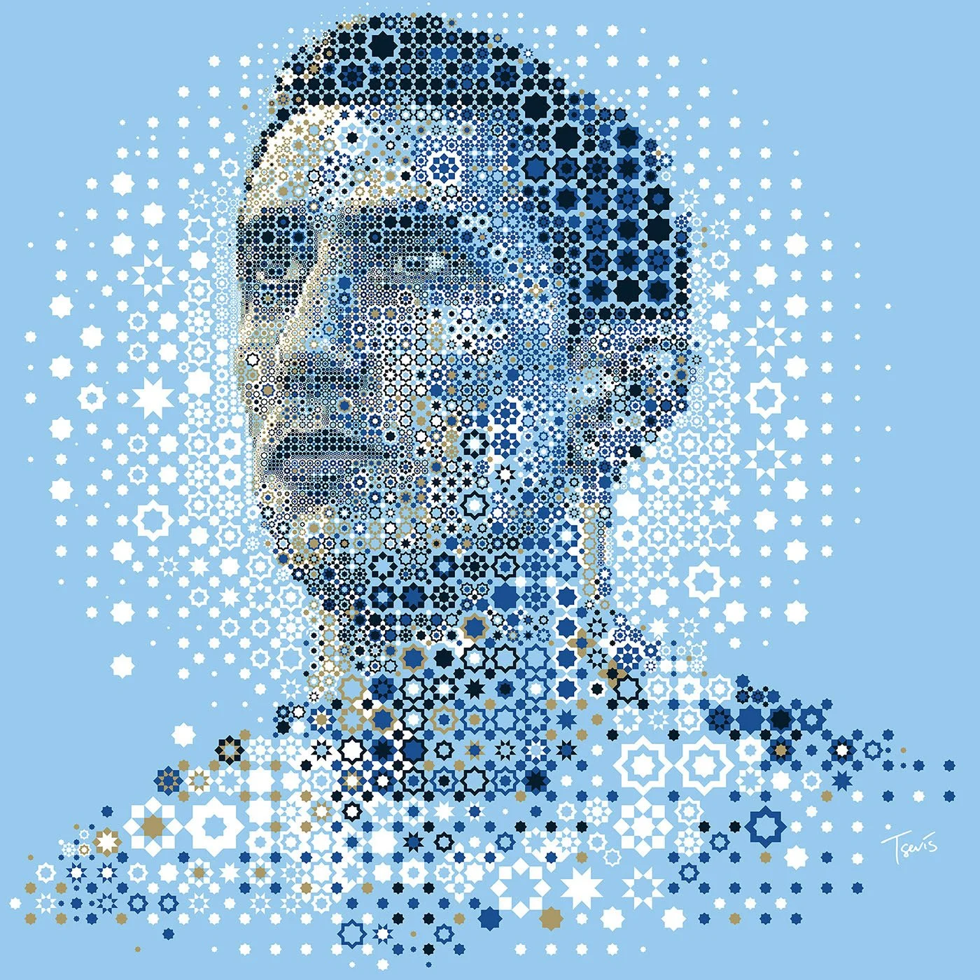 Mosaic depiction of Ángel Di María, integrating Arabesque designs with Argentina’s national colors, showcasing artistic convergence.