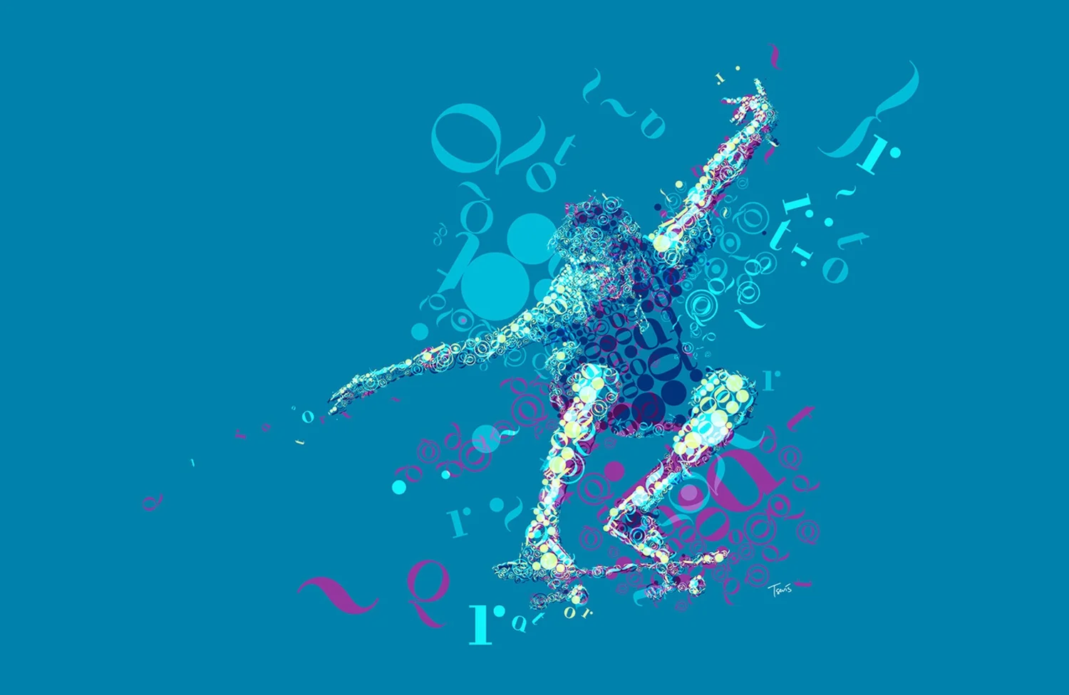 A vibrant mosaic illustration of a person playing a saxophone, created using elements from the QRator logo. The figure is composed of colorful circles and dots in shades of blue, pink, and white, set against a bright teal background. The artwork incorporates parts of the QRator logotype, including the letters "QR" and other abstract shapes, to form an energetic and dynamic design.