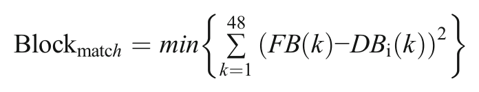Equation: block match equals the minimum over photos of the sum, k from 1 to 48, of squared feature differences