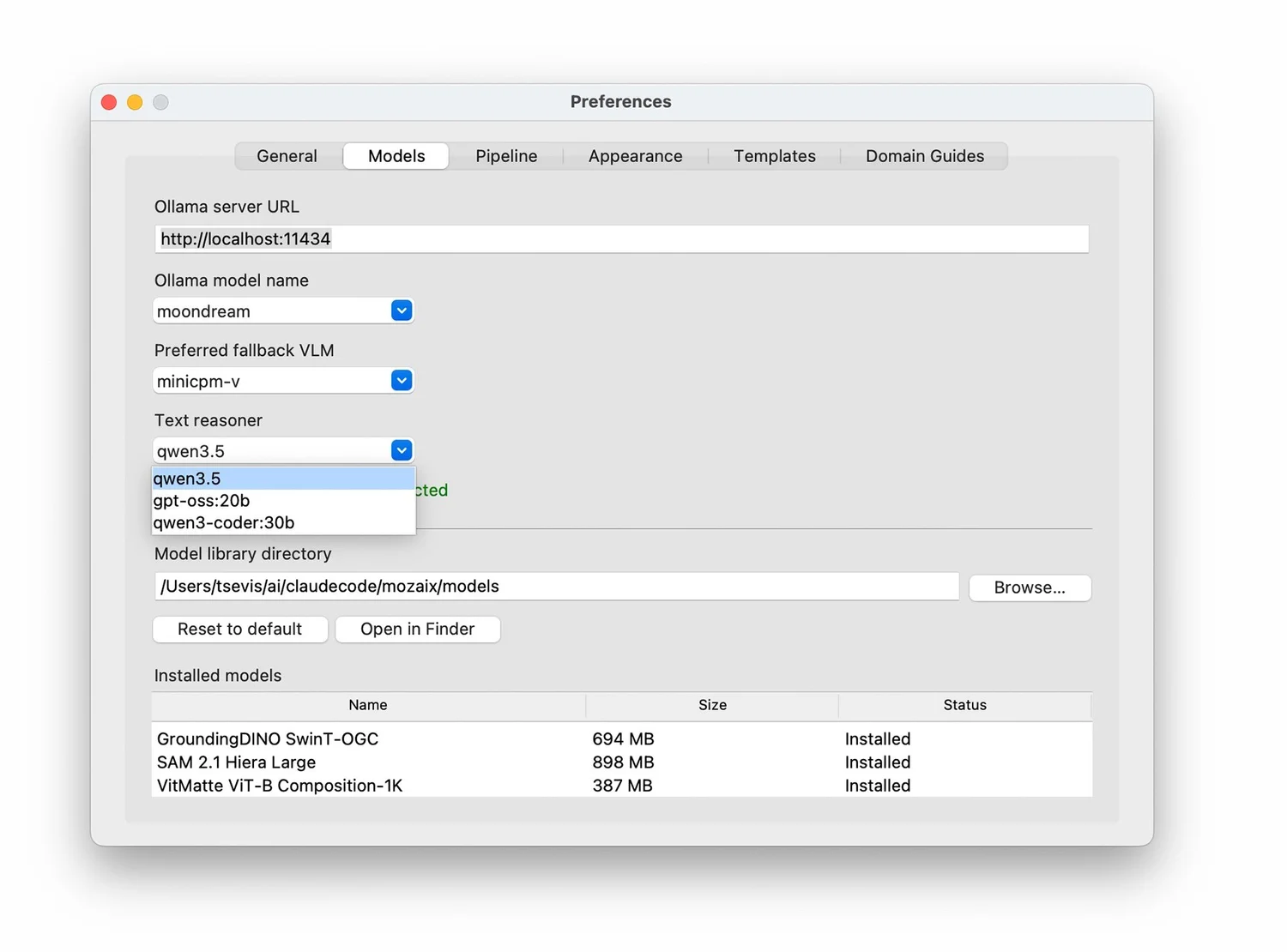 Skiagrafia Preferences window, Models tab, with the Ollama model settings