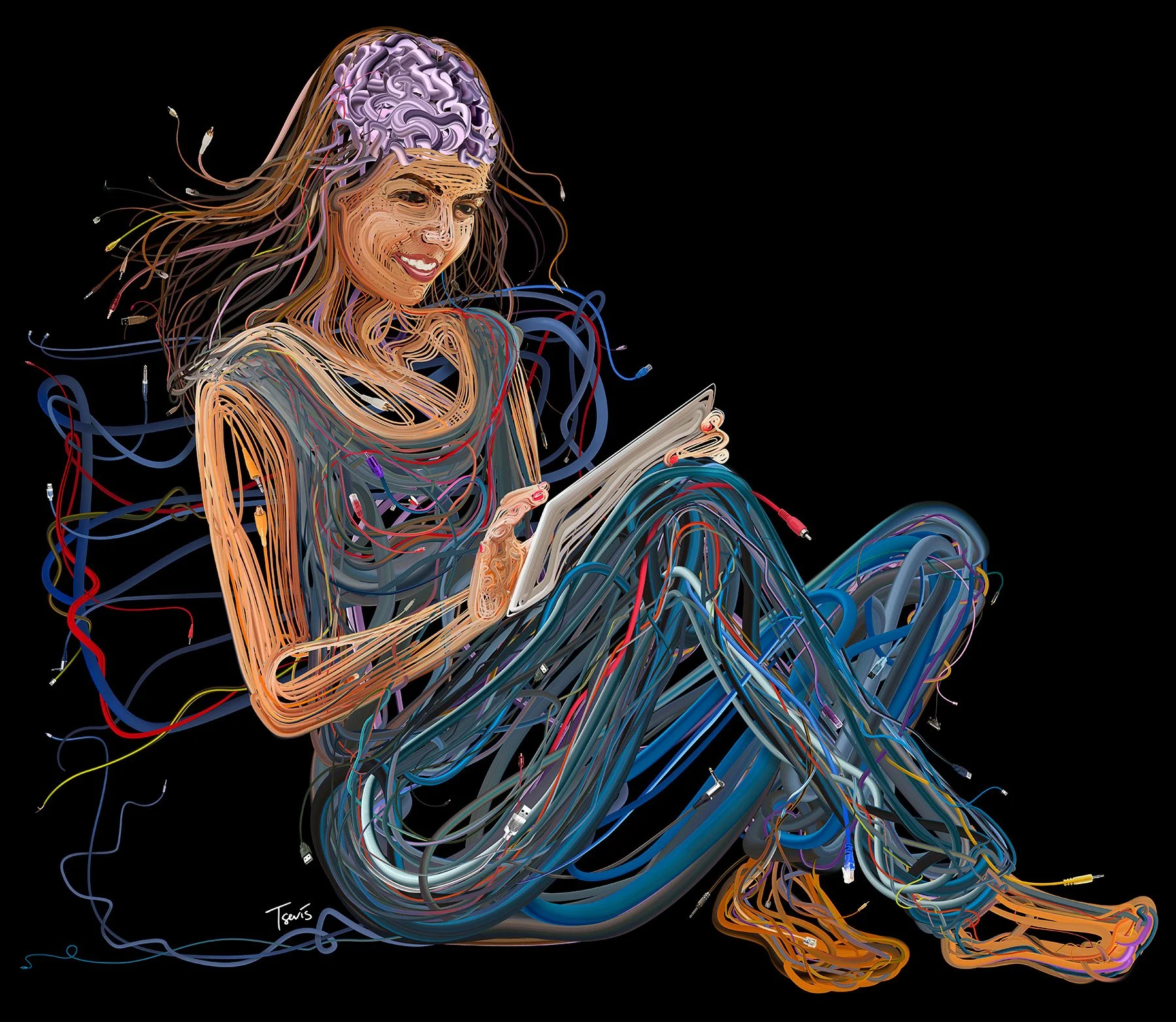 Wired nervous system girl – cables as nerves. Harrison & Star neurologist ad.