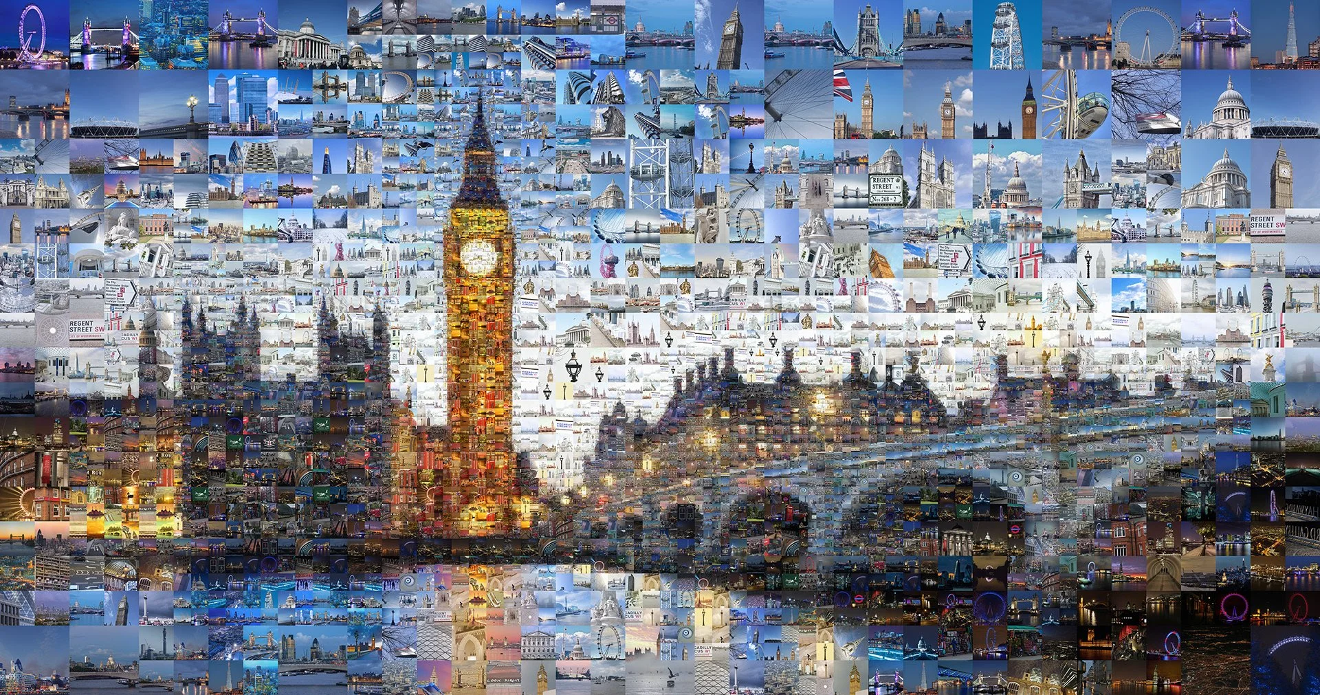 London City portrait made out of thousands of photos in a digital collage, gallery artwork