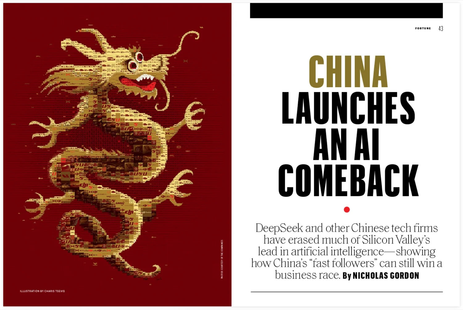 Digital mosaic illustration from Fortune magazine’s “China Launches an AI Comeback” article, featuring a stylized red, gold, and black dragon composed of photographic fragments sourced from Chinese AI companies. The dragon symbolizes resurgence and technological power, with colors and composition reflecting Chinese cultural aesthetics and innovation.