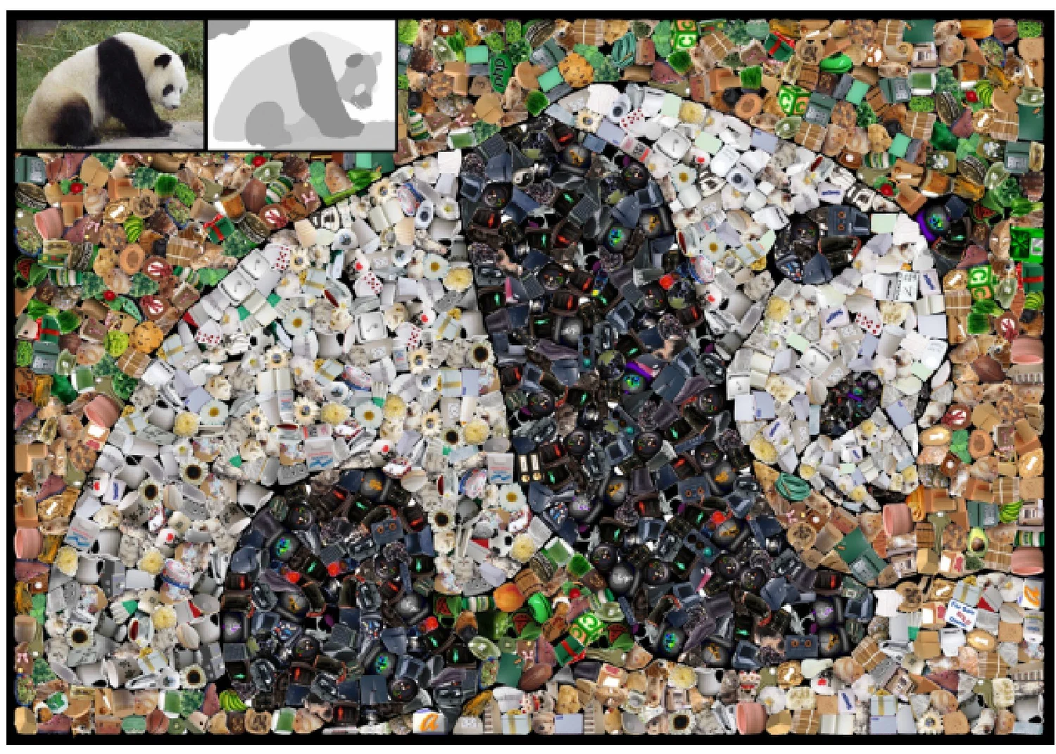 Panda mosaic packed with cut-out images of black, white and coloured objects