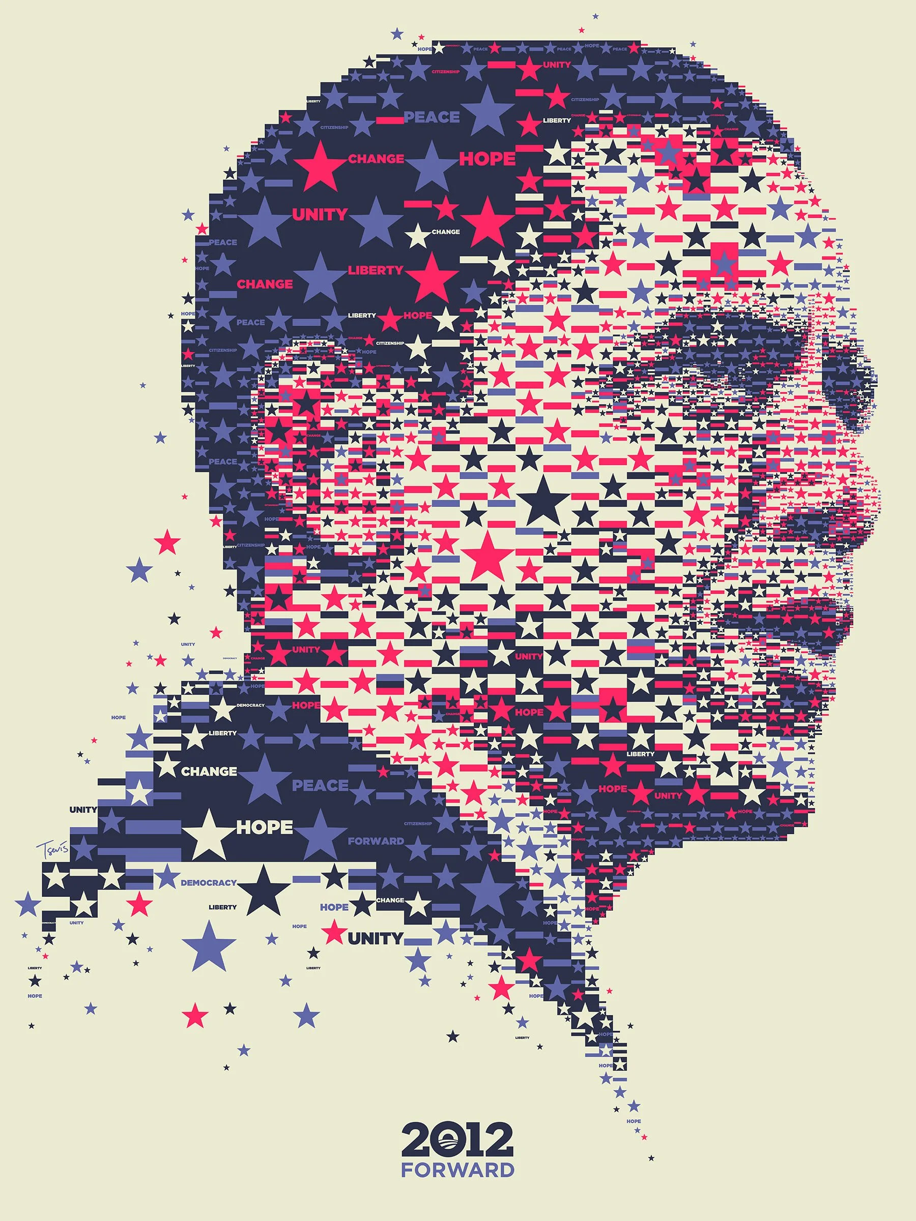 A mosaic portrait made out of stars, stripes as well as the words Unity, Democracy, Liberty, Peace, Hope and Change.