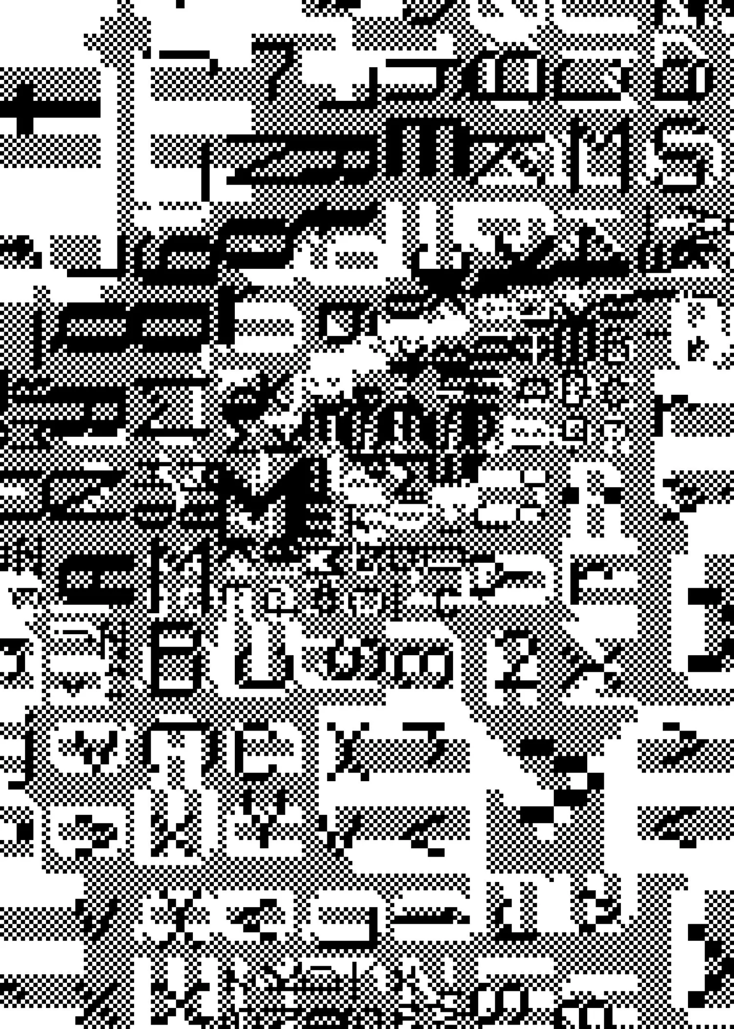Detail of a monochrome, pixel-art-style portrait of Steve Jobs, created using characters from the Chicago and Monaco fonts. The image is composed entirely of black and white pixels, forming a detailed representation of his face and upper body. The text within the image provides context about the artistic process and historical significance of the fonts used..