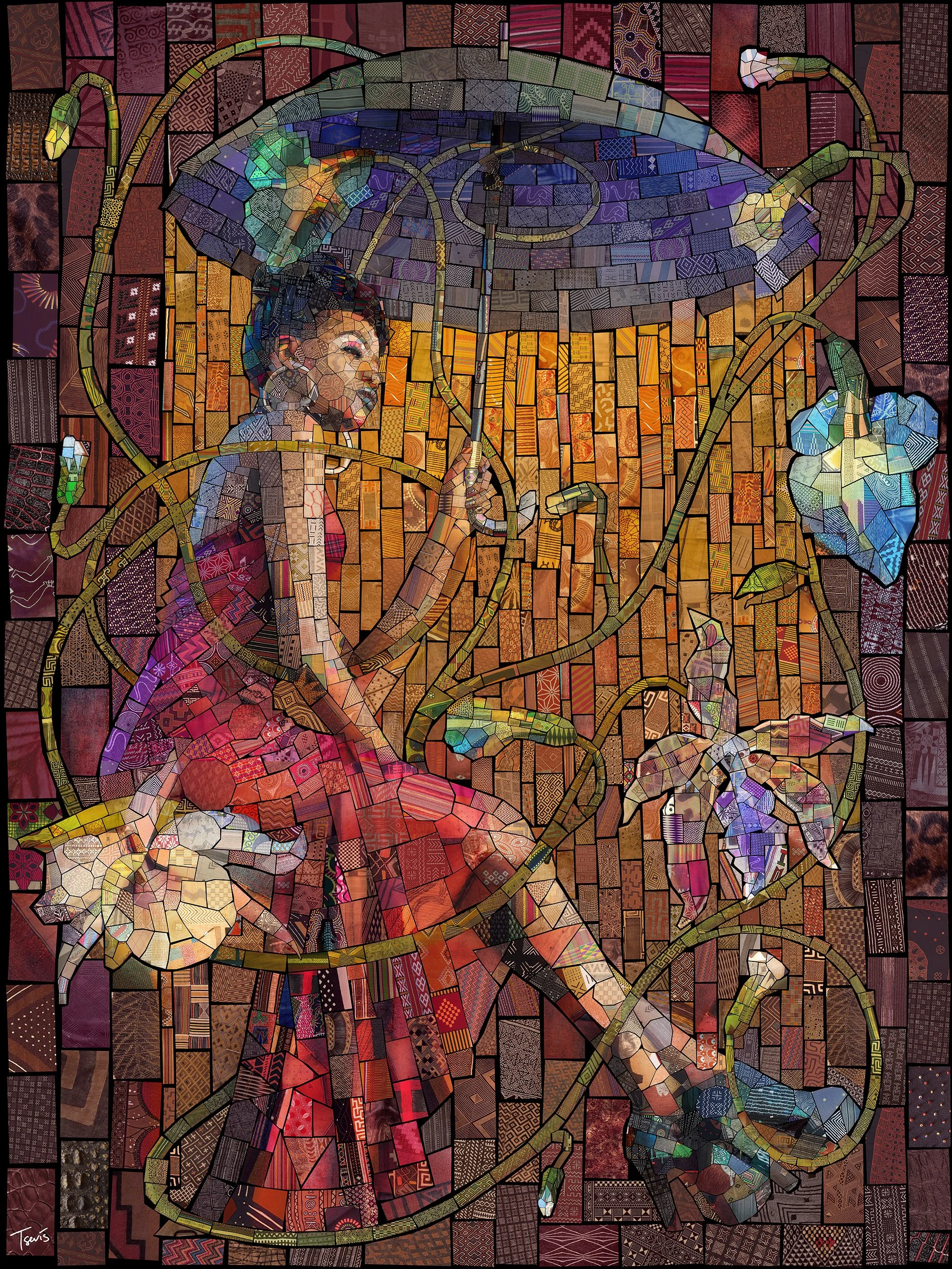 Surreal Mosaic of African Woman with Umbrella & Vines | Symbolic Art Print