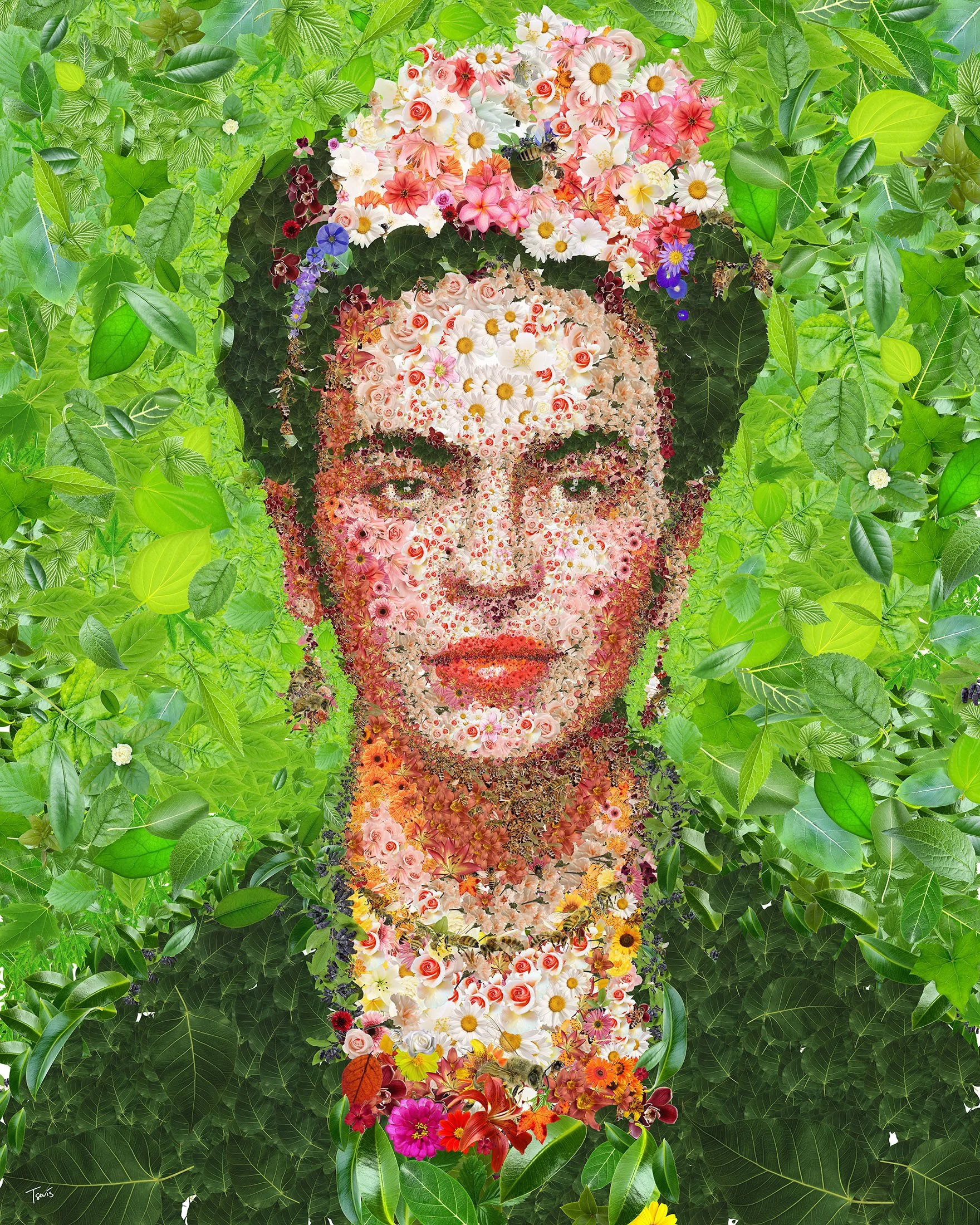 Frida Kahlo mosaic from flowers, plants, and bees.