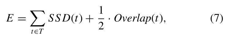 Equation: E as the sum over tiles of SSD plus one half of Overlap