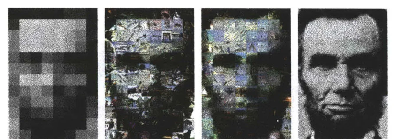 Four versions of Lincoln's portrait, from coarse blocks to a detailed photograph