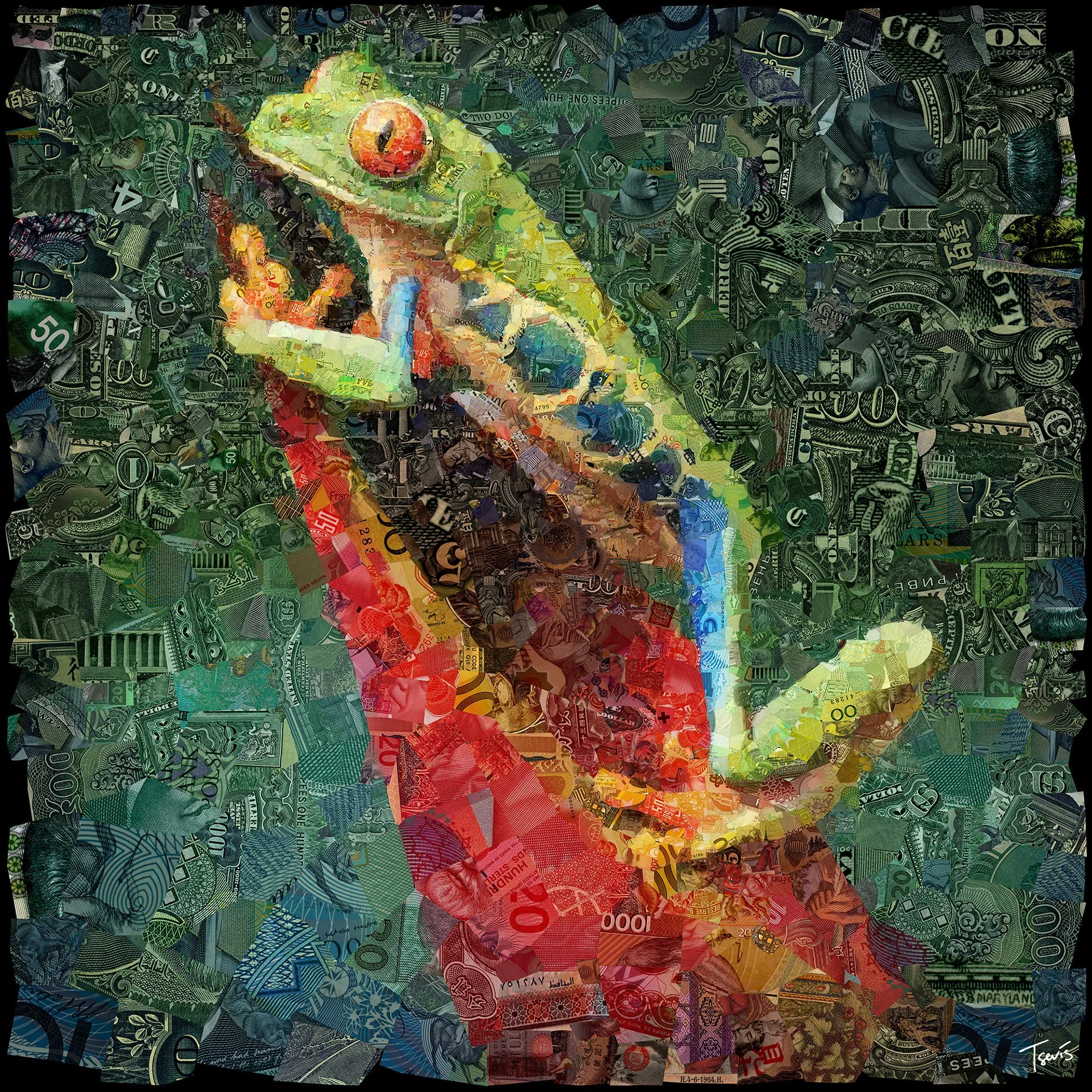 Frog mosaic from banknote layers
